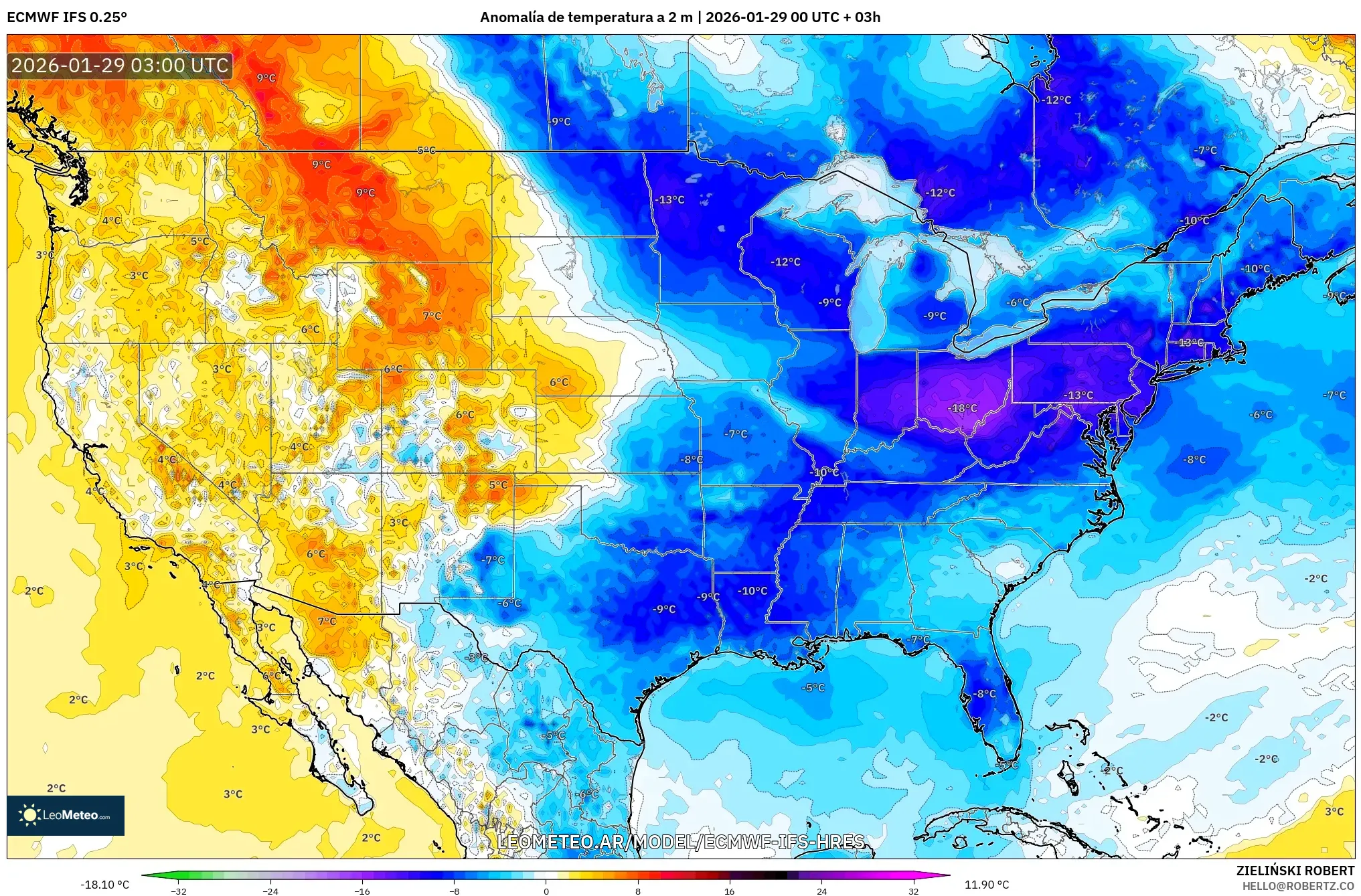 ECMWF IFS 0,25° model - Estados Unidos, Anomalia de temperatura a 2 m