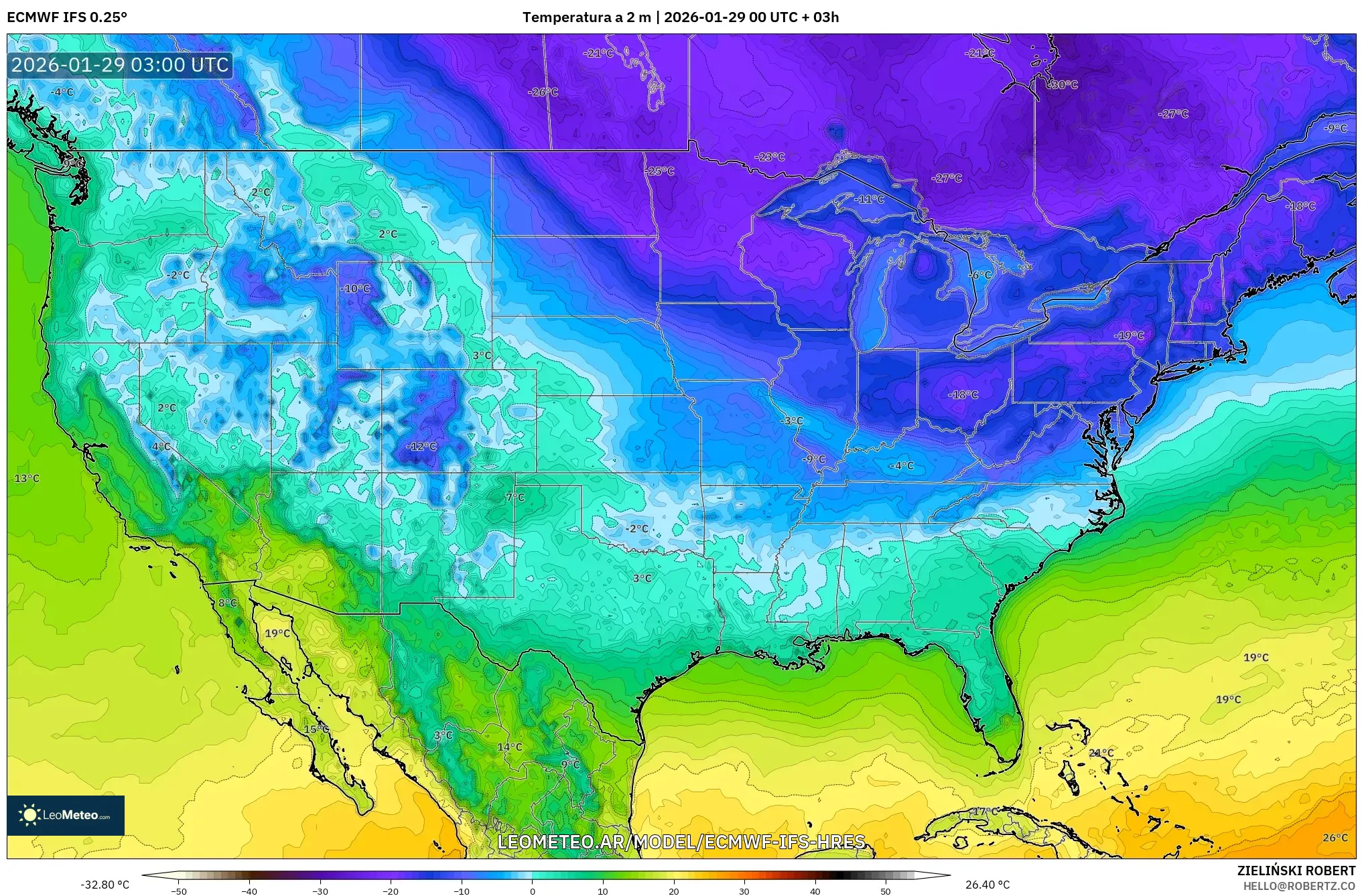 ECMWF IFS 0,25° model - Estados Unidos, Temperatura a 2 m