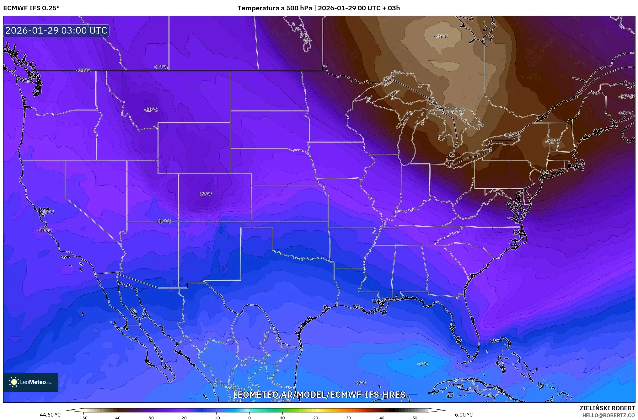 ECMWF IFS 0,25° model - Estados Unidos, Temperatura a 500 hPa