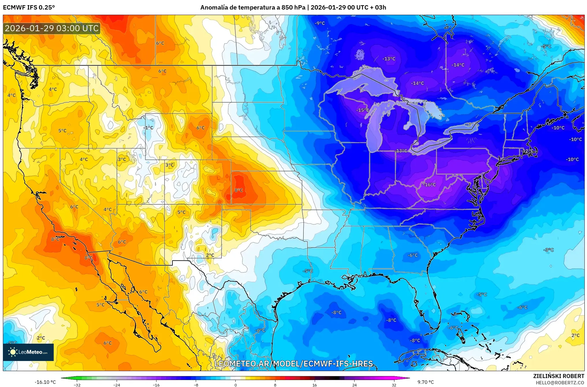 ECMWF IFS 0,25° model - Estados Unidos, Anomalia de temperatura a 850 hPa