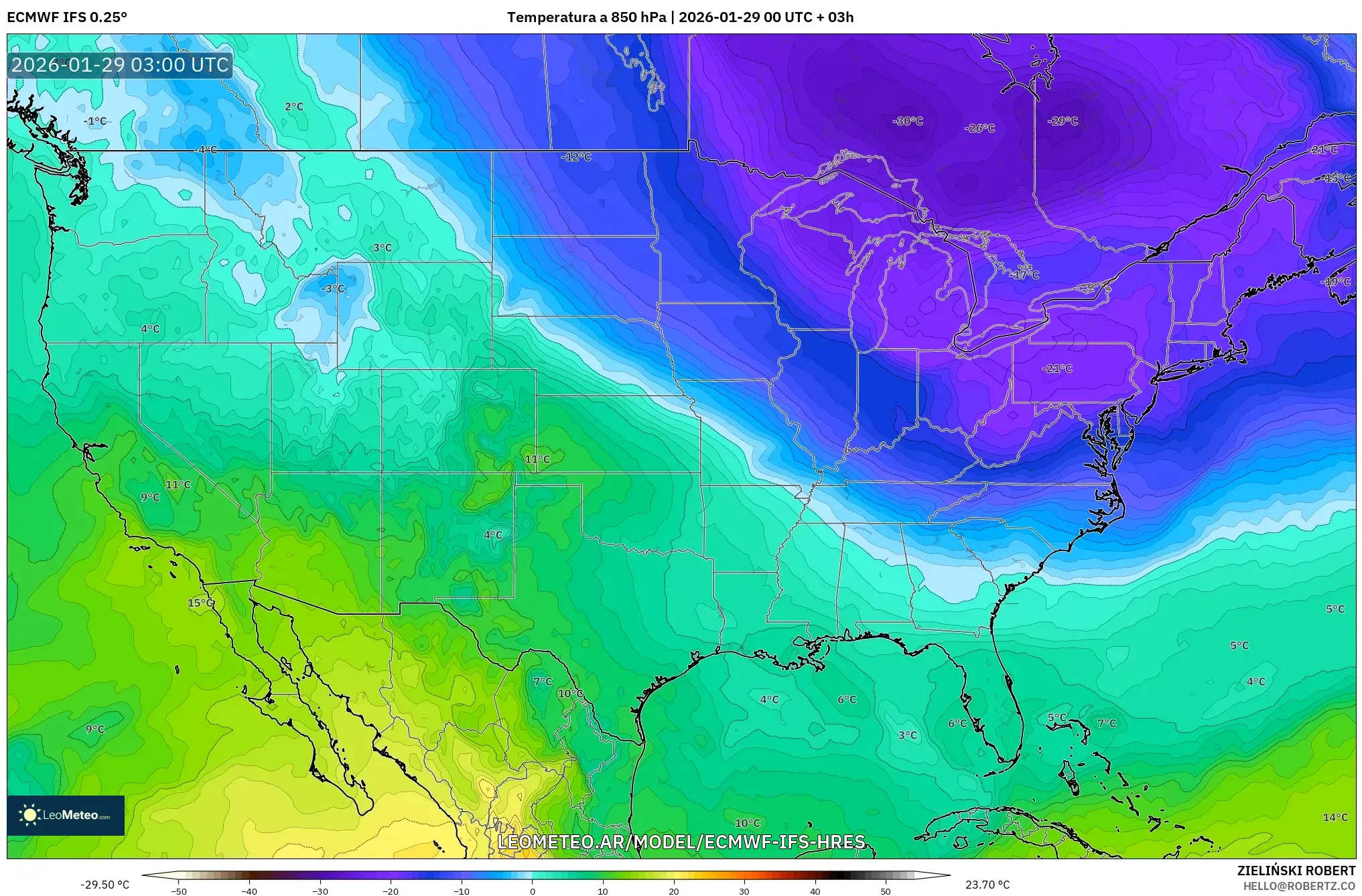 ECMWF IFS 0,25° model - Estados Unidos, Temperatura a 850 hPa