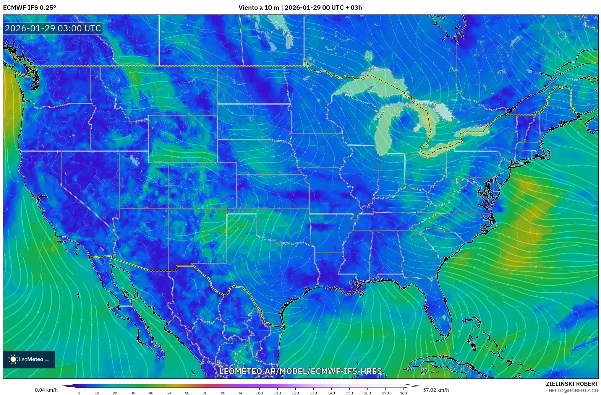 ECMWF IFS 0,25° model - Estados Unidos, Vento a 10 m