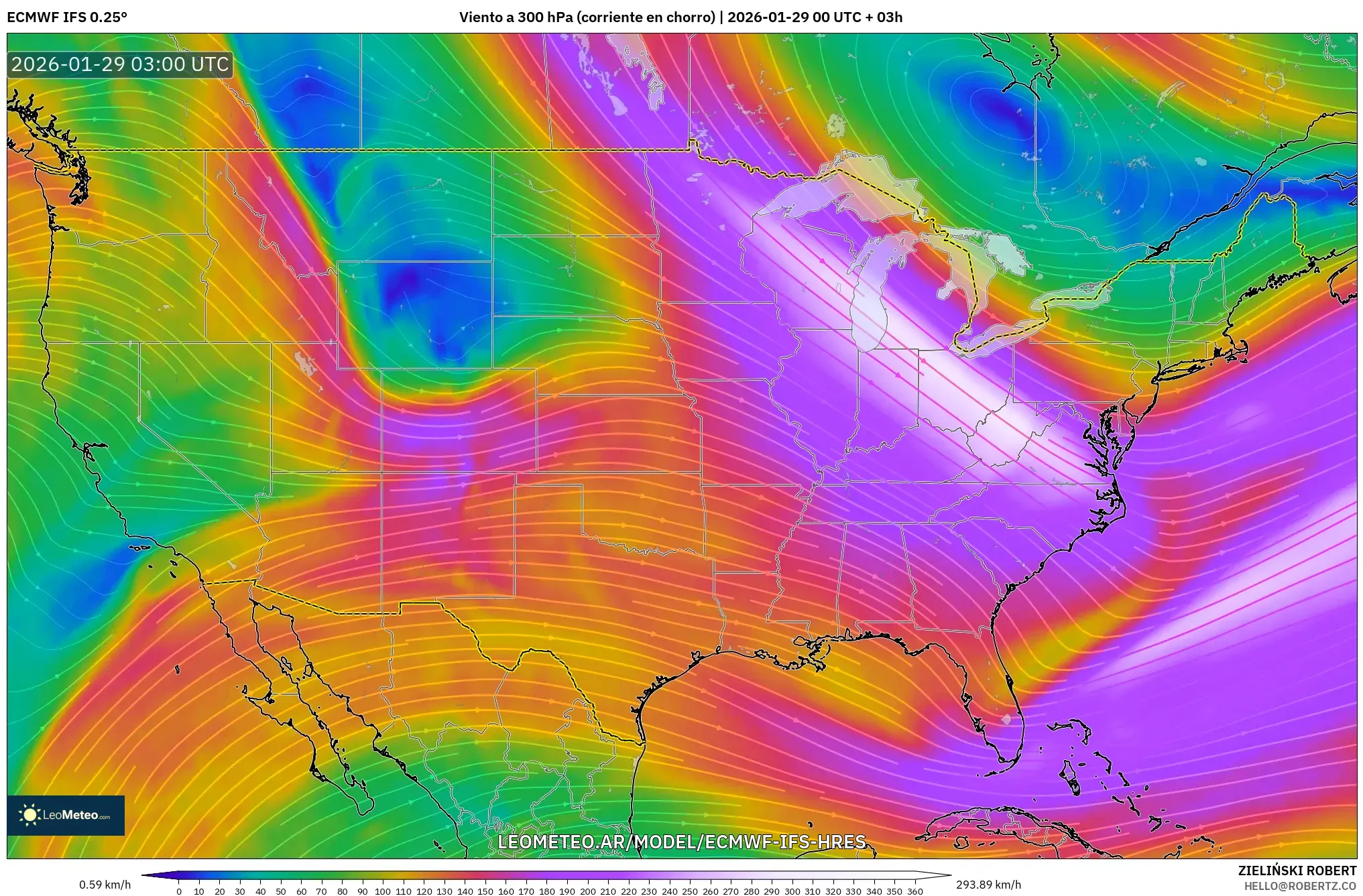 ECMWF IFS 0,25° model - Estados Unidos, Vento a 300 hPa (corrente em jato)