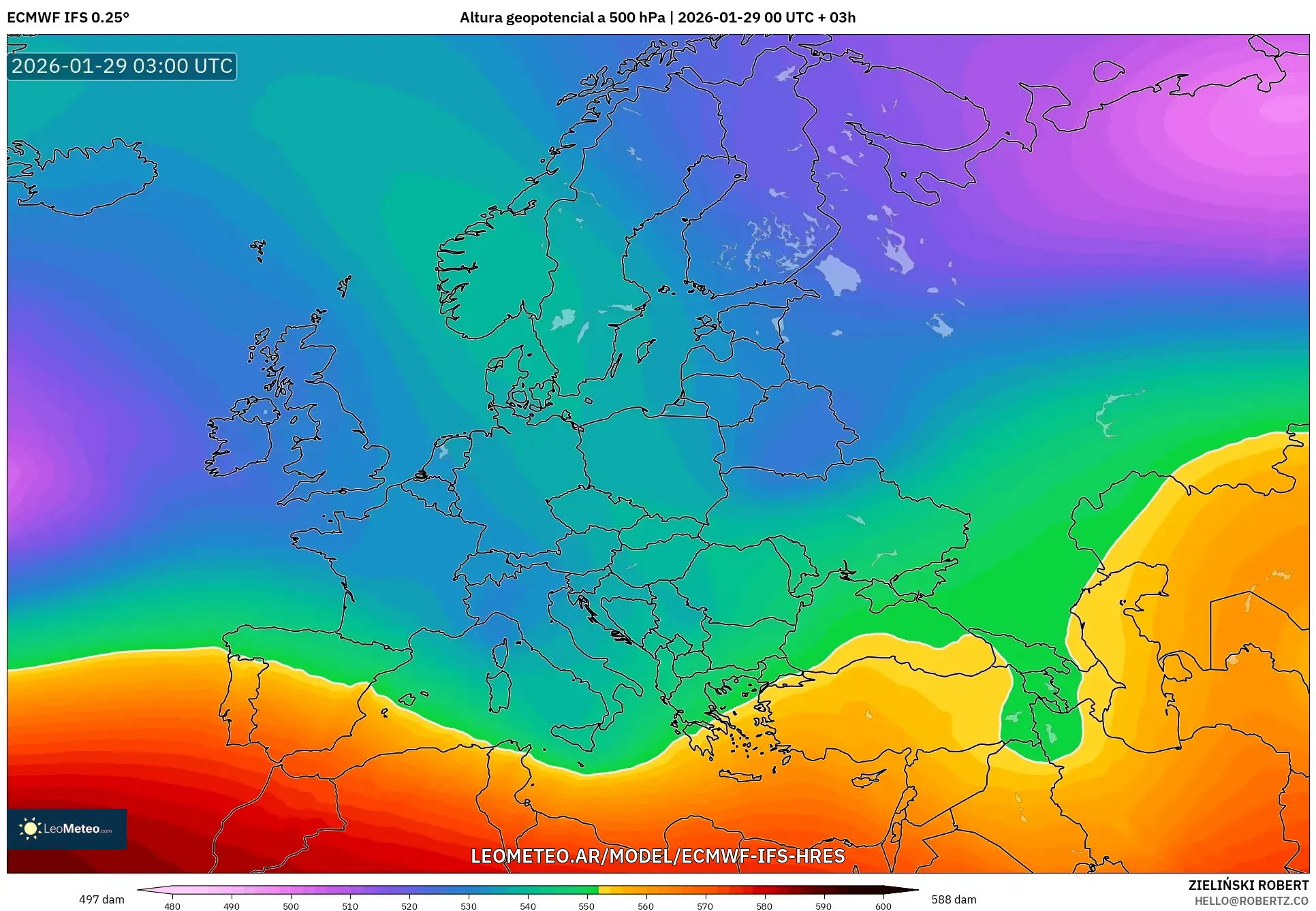 ECMWF IFS 0,25° model - Europa, Altura geopotencial a 500 hPa