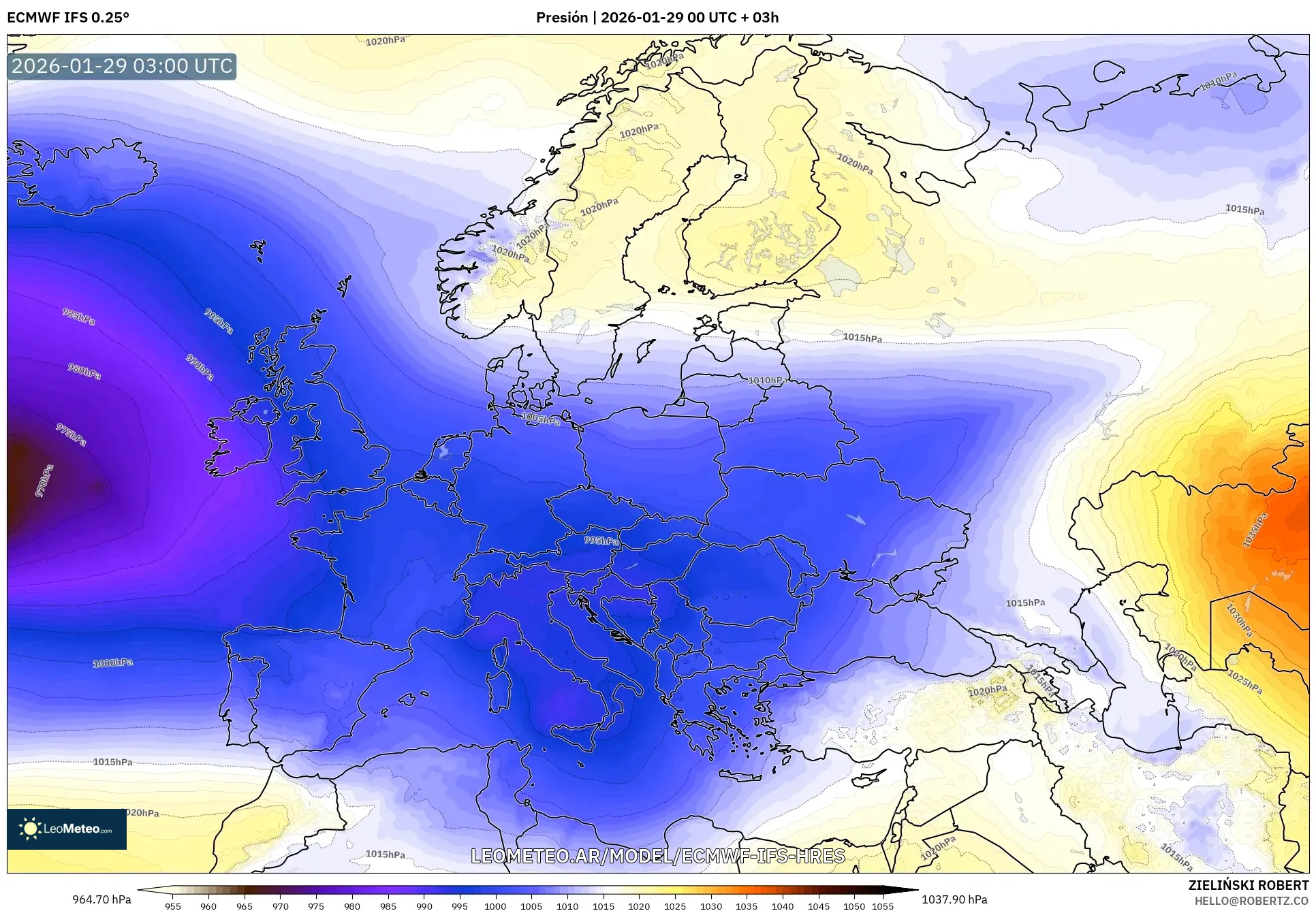 ECMWF IFS 0,25° model - Europa, Pressão