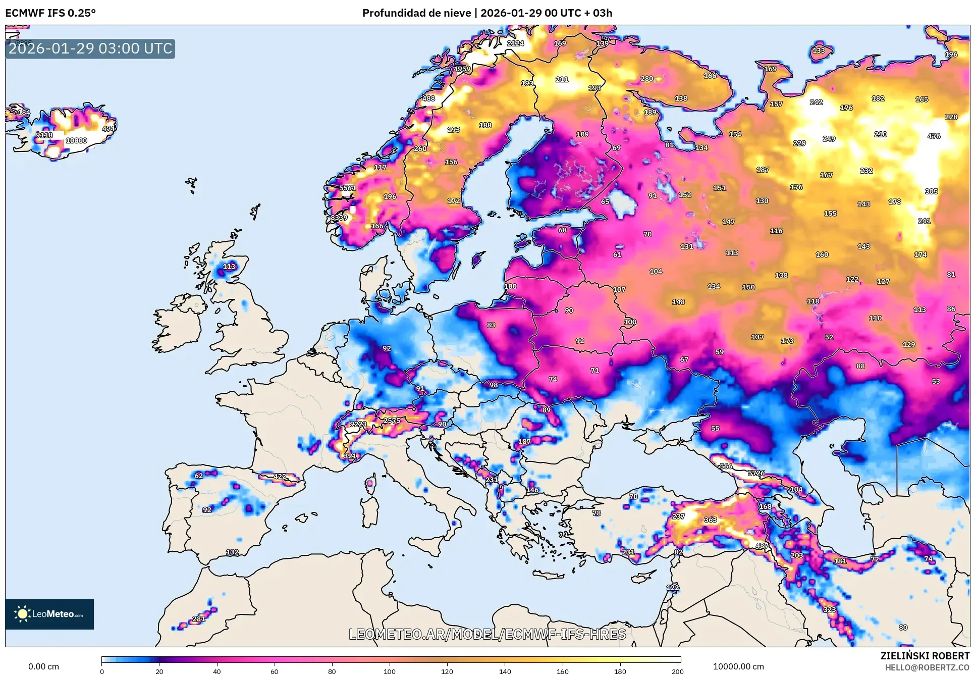 ECMWF IFS 0,25° model - Europa, Profundidade da neve
