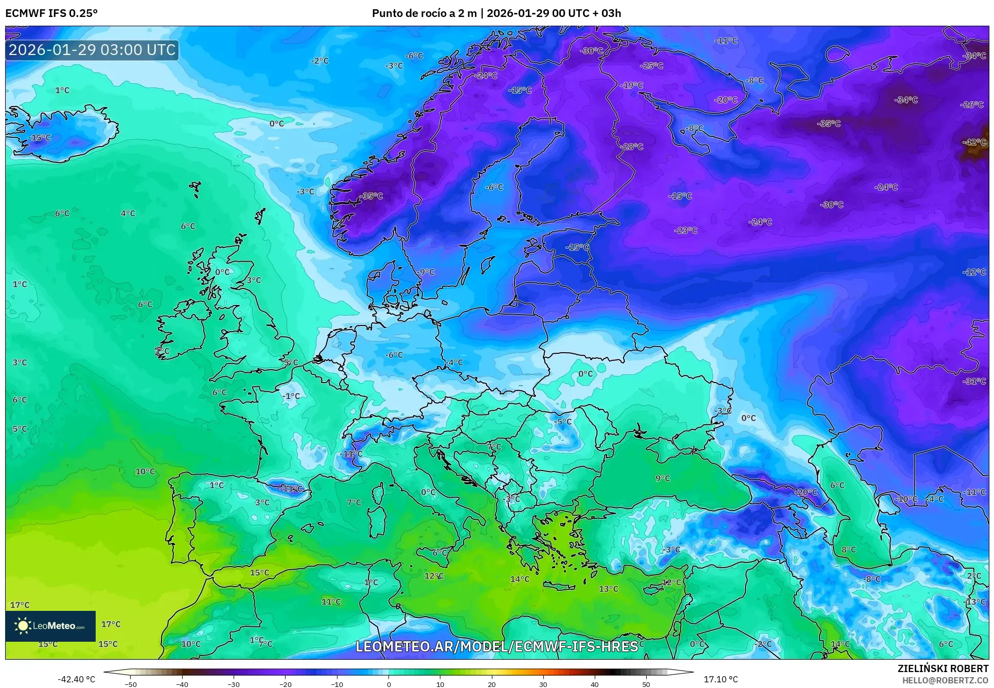 ECMWF IFS 0,25° model - Europa, Ponto de orvalho a 2 m