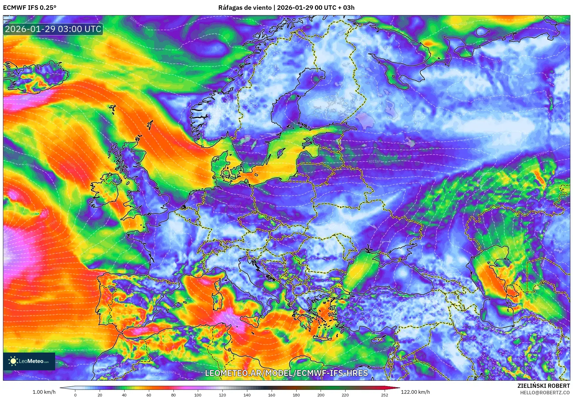 ECMWF IFS 0,25° model - Europa, Rajadas de vento