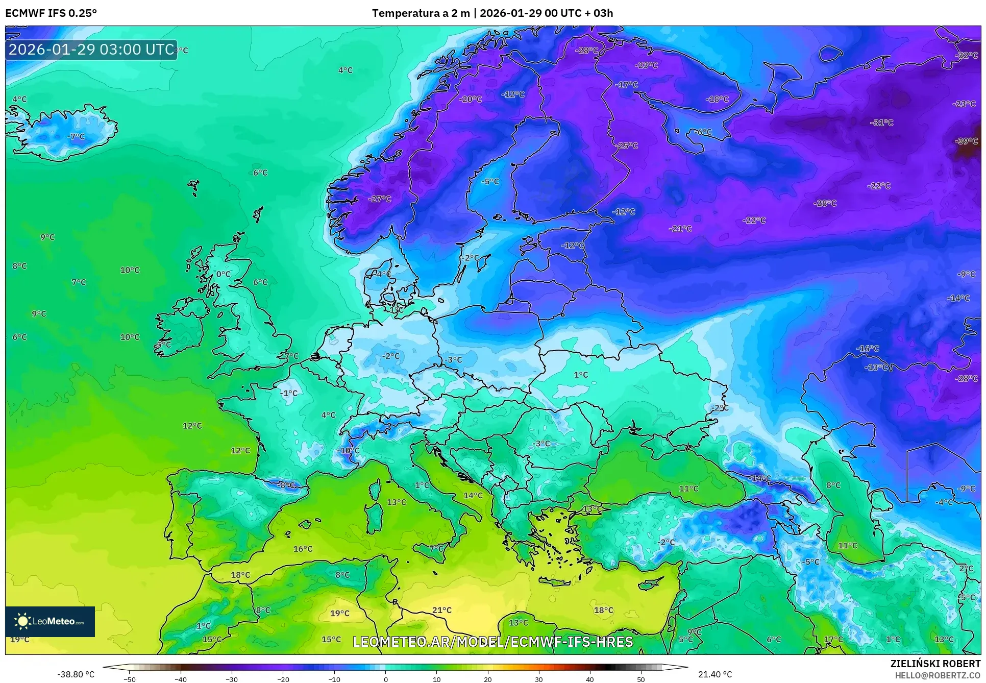 ECMWF IFS 0,25° model - Europa, Temperatura a 2 m