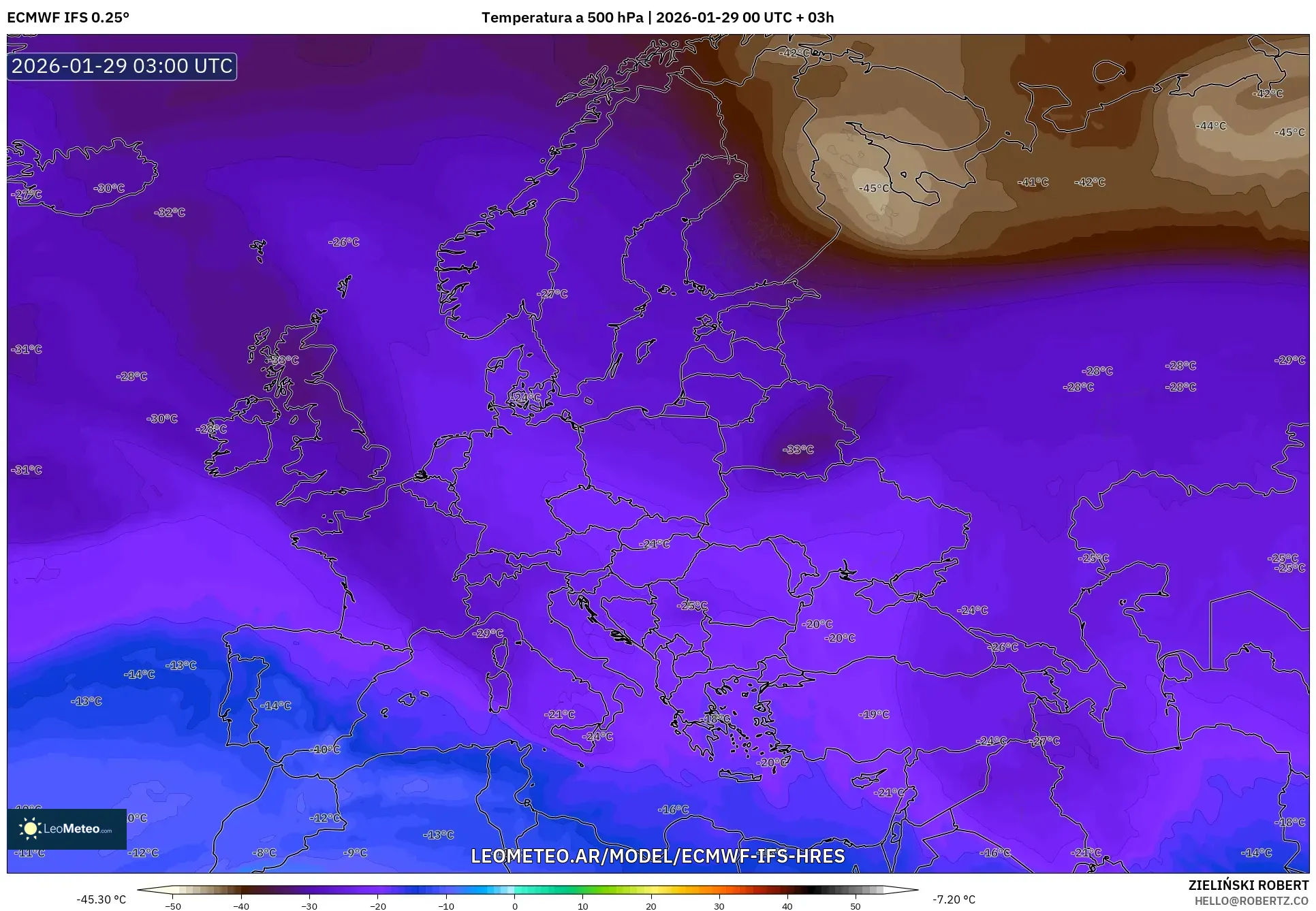 ECMWF IFS 0,25° model - Europa, Temperatura a 500 hPa