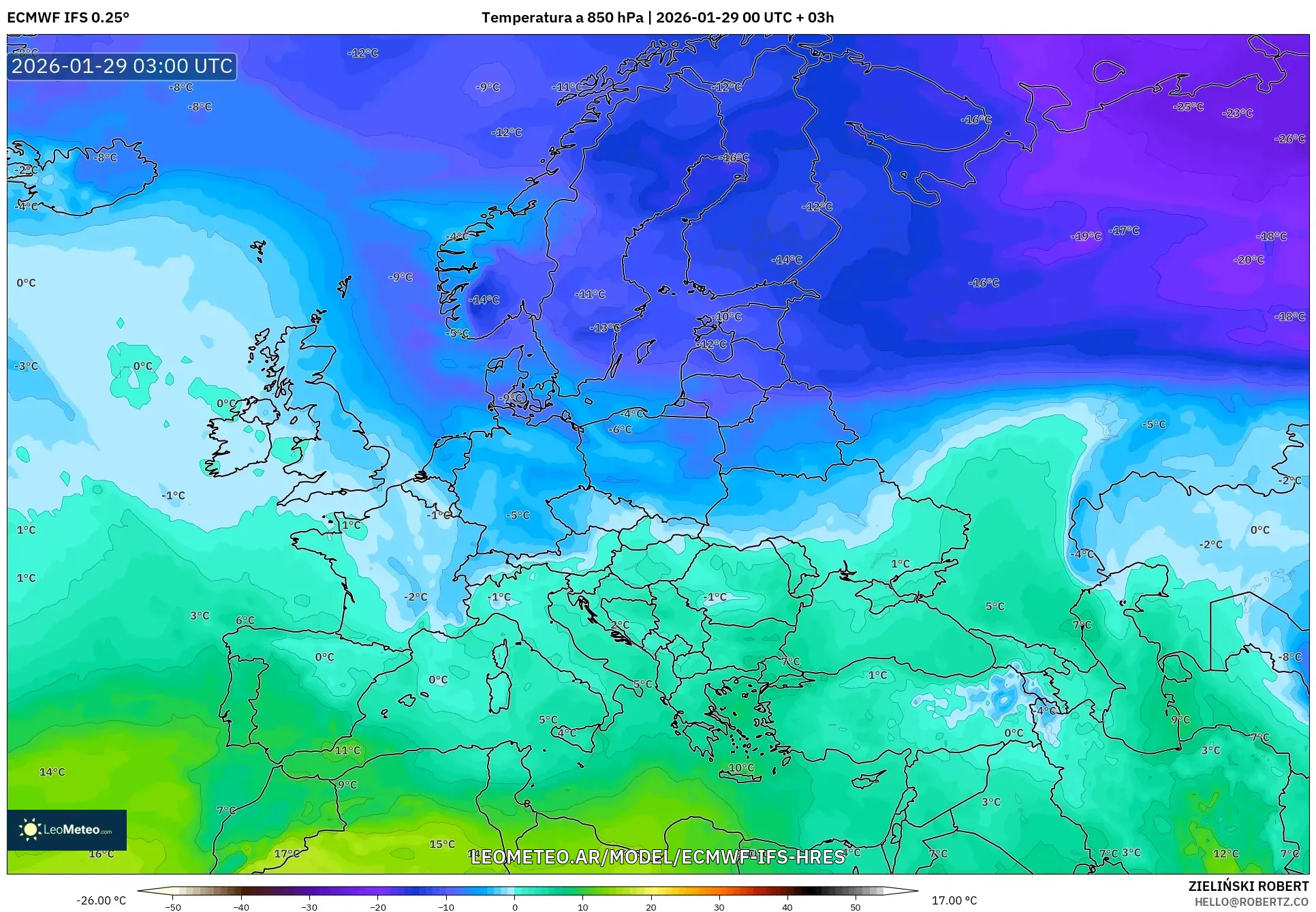 ECMWF IFS 0,25° model - Europa, Temperatura a 850 hPa