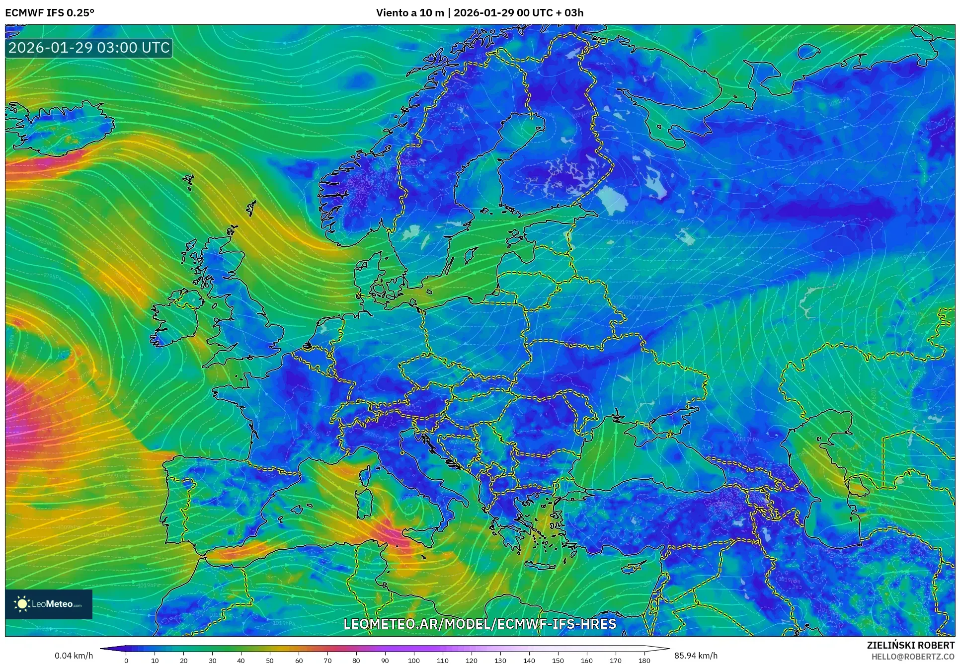 ECMWF IFS 0,25° model - Europa, Vento a 10 m
