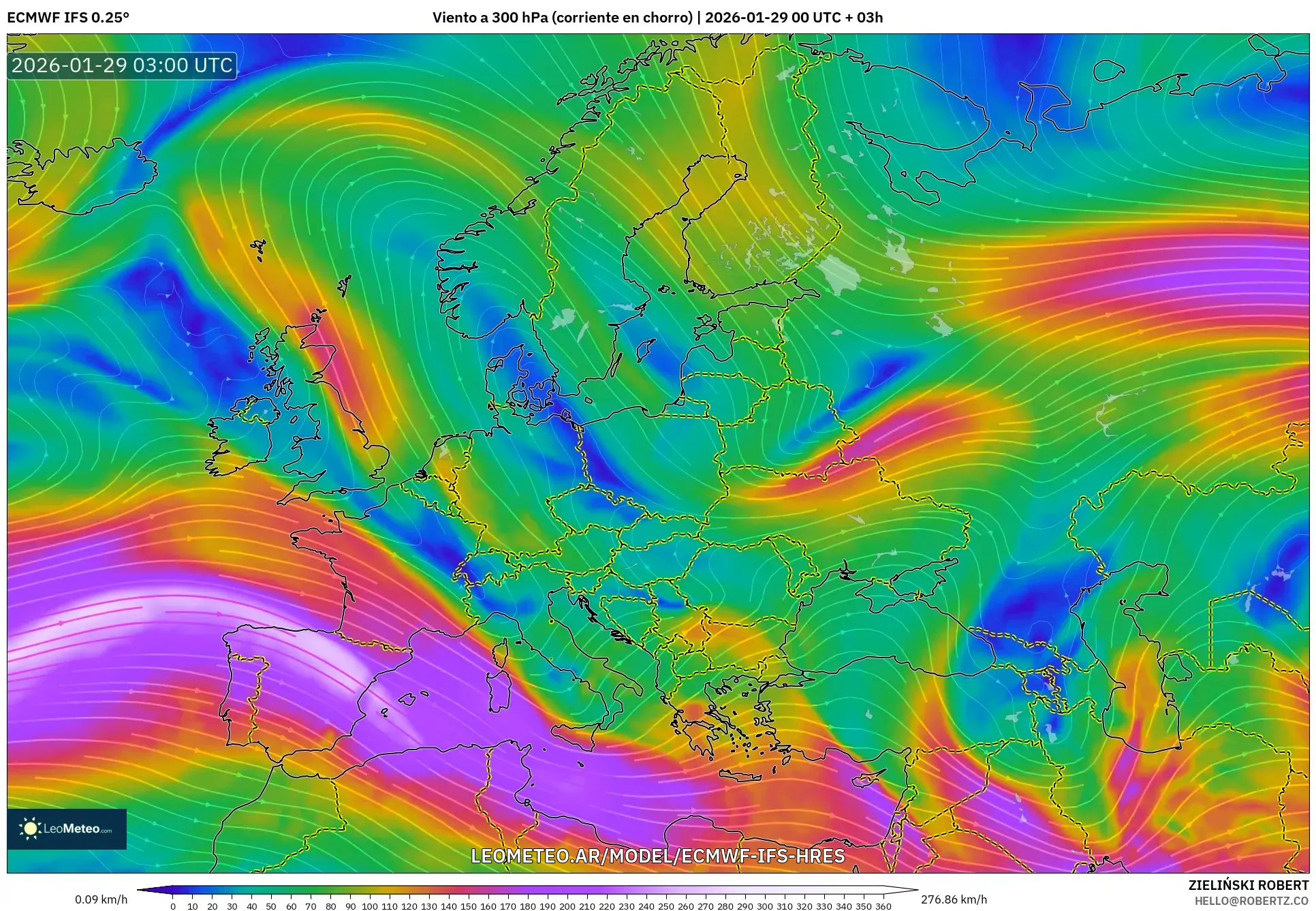 ECMWF IFS 0,25° model - Europa, Vento a 300 hPa (corrente em jato)