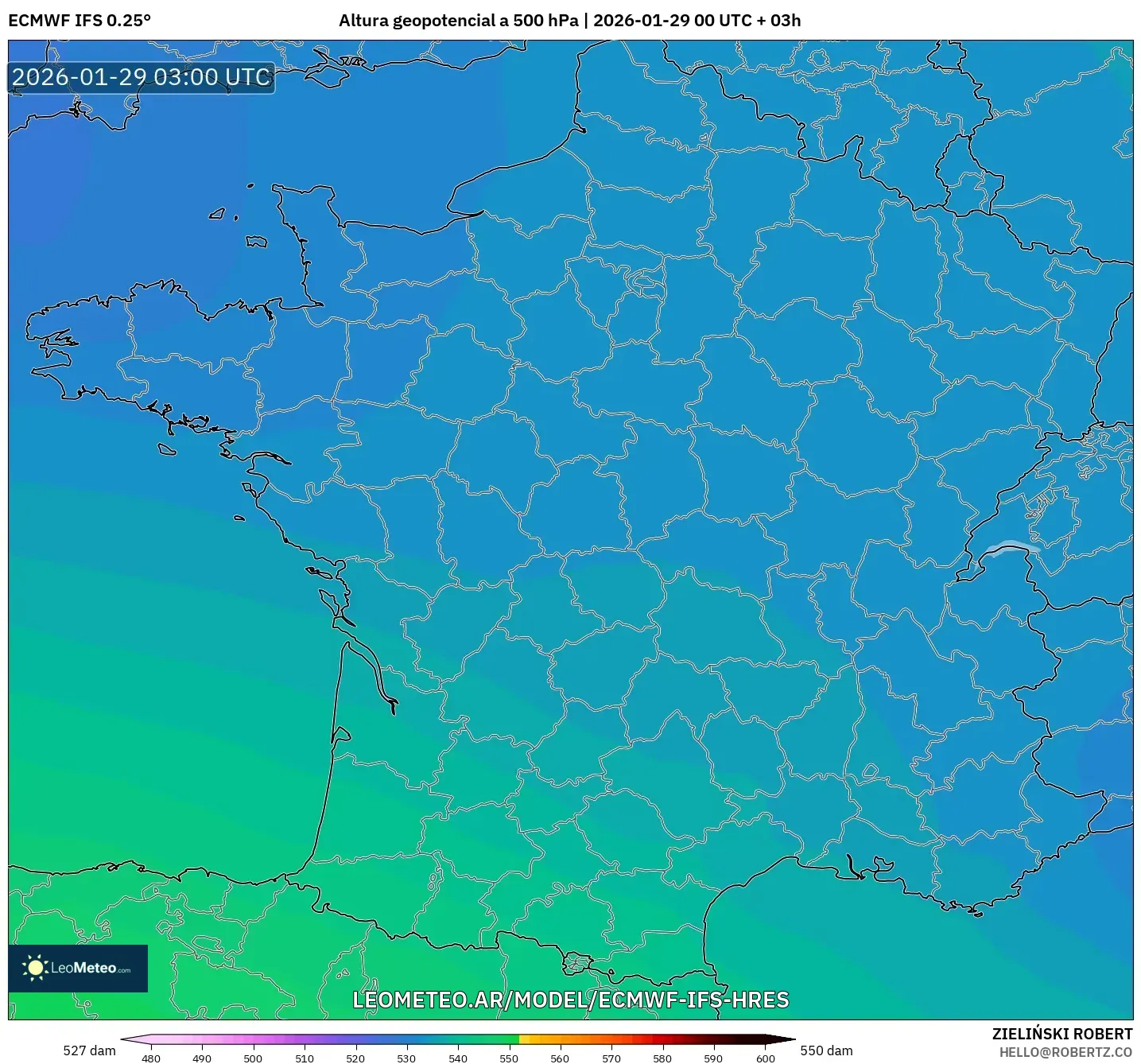 ECMWF IFS 0,25° model - França, Altura geopotencial a 500 hPa