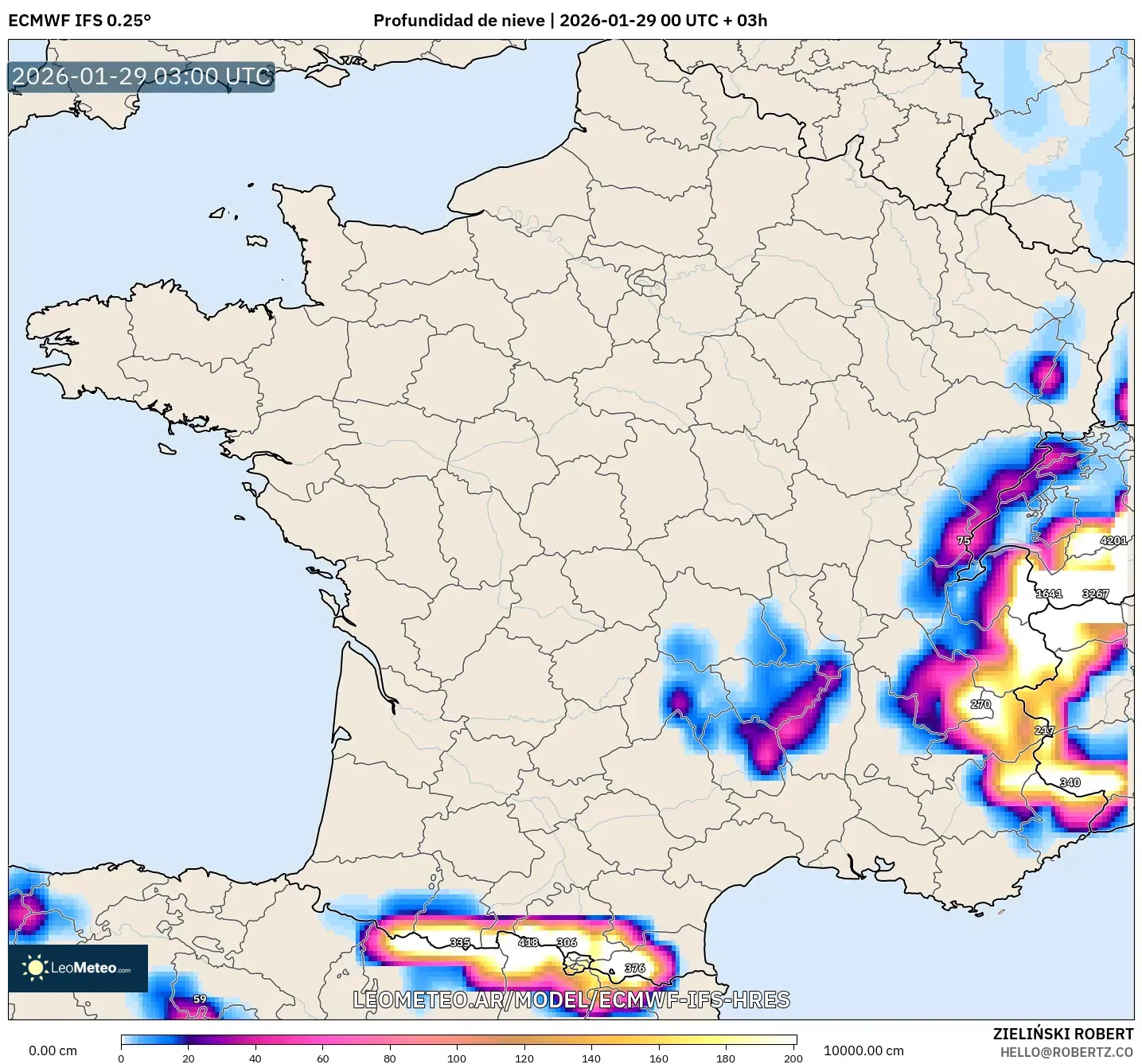 ECMWF IFS 0,25° model - França, Profundidade da neve