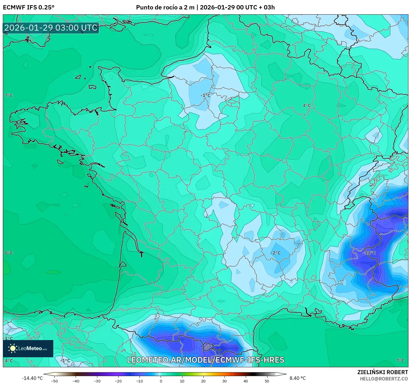 ECMWF IFS 0,25° model - França, Ponto de orvalho a 2 m