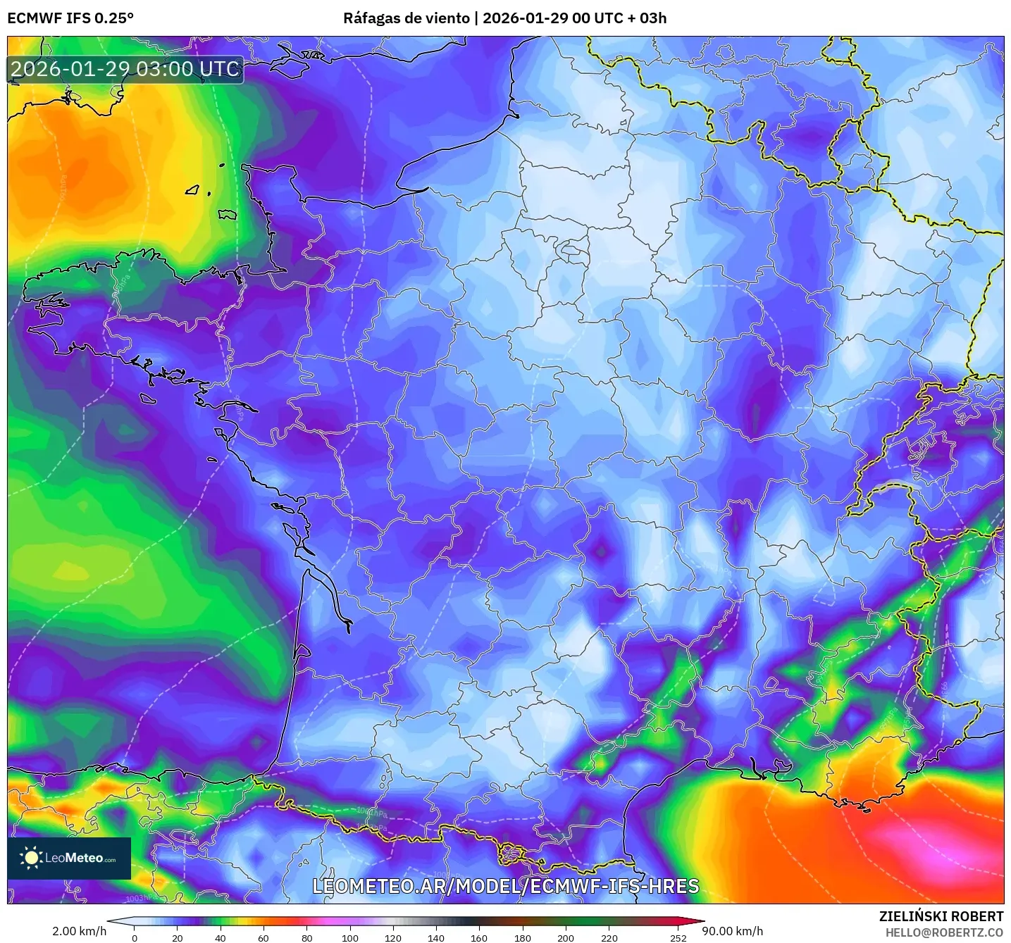 ECMWF IFS 0,25° model - França, Rajadas de vento