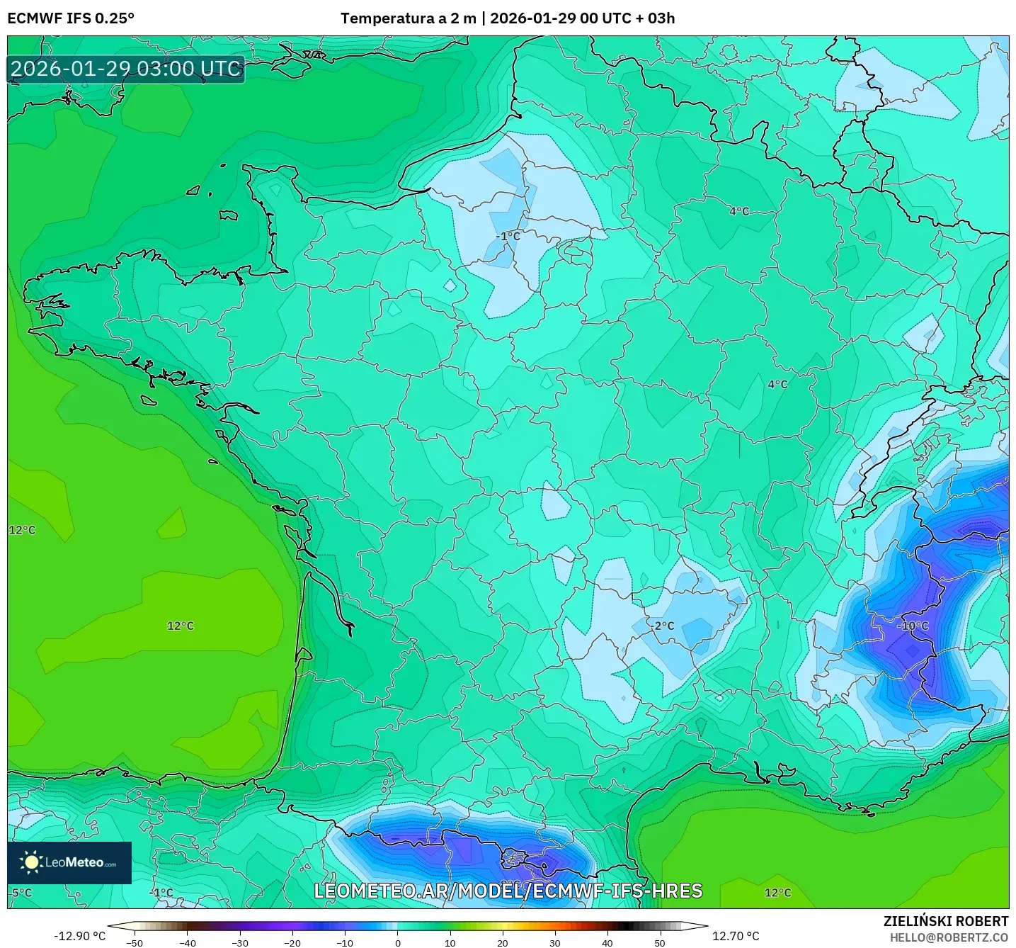 ECMWF IFS 0,25° model - França, Temperatura a 2 m