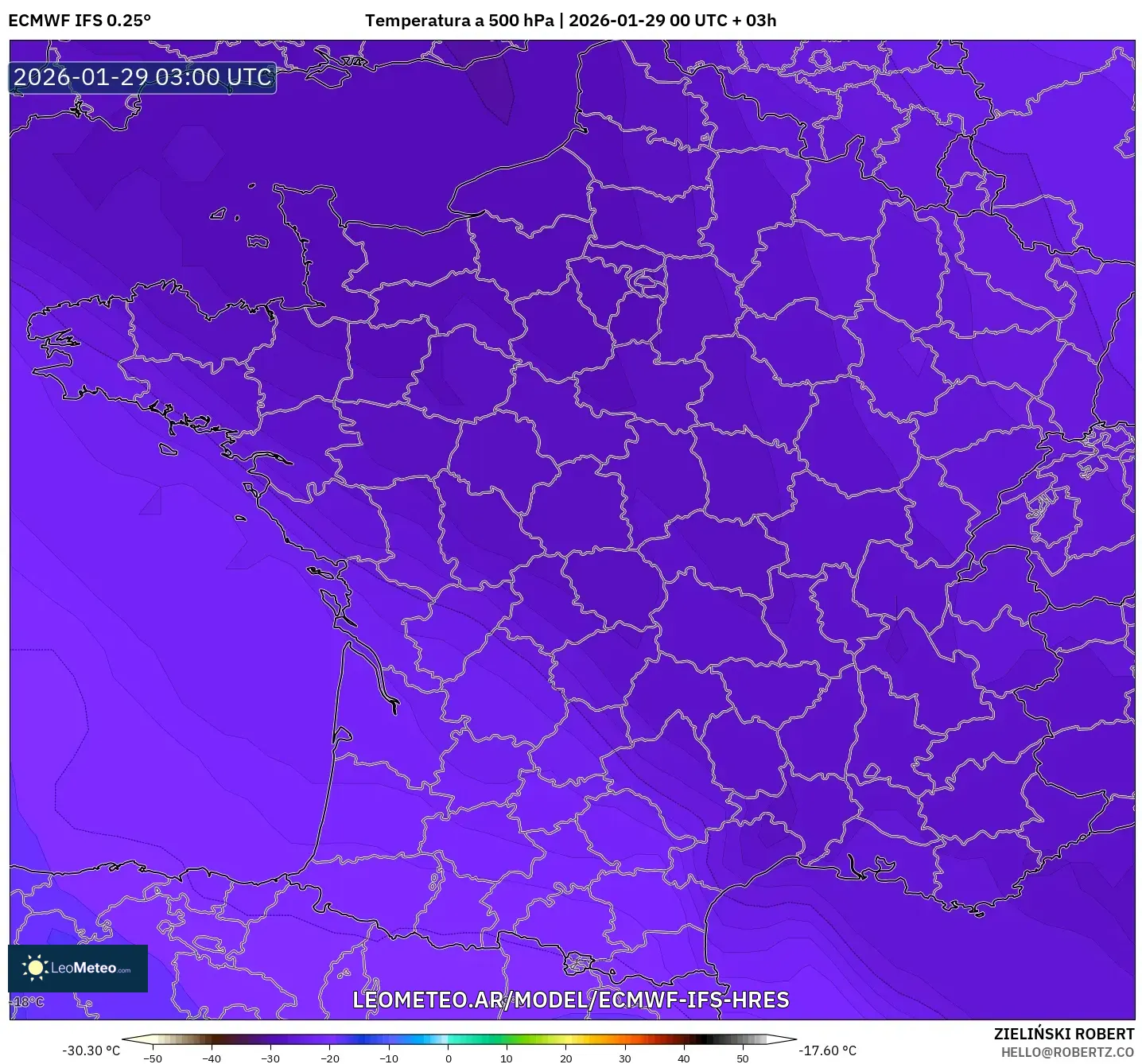 ECMWF IFS 0,25° model - França, Temperatura a 500 hPa