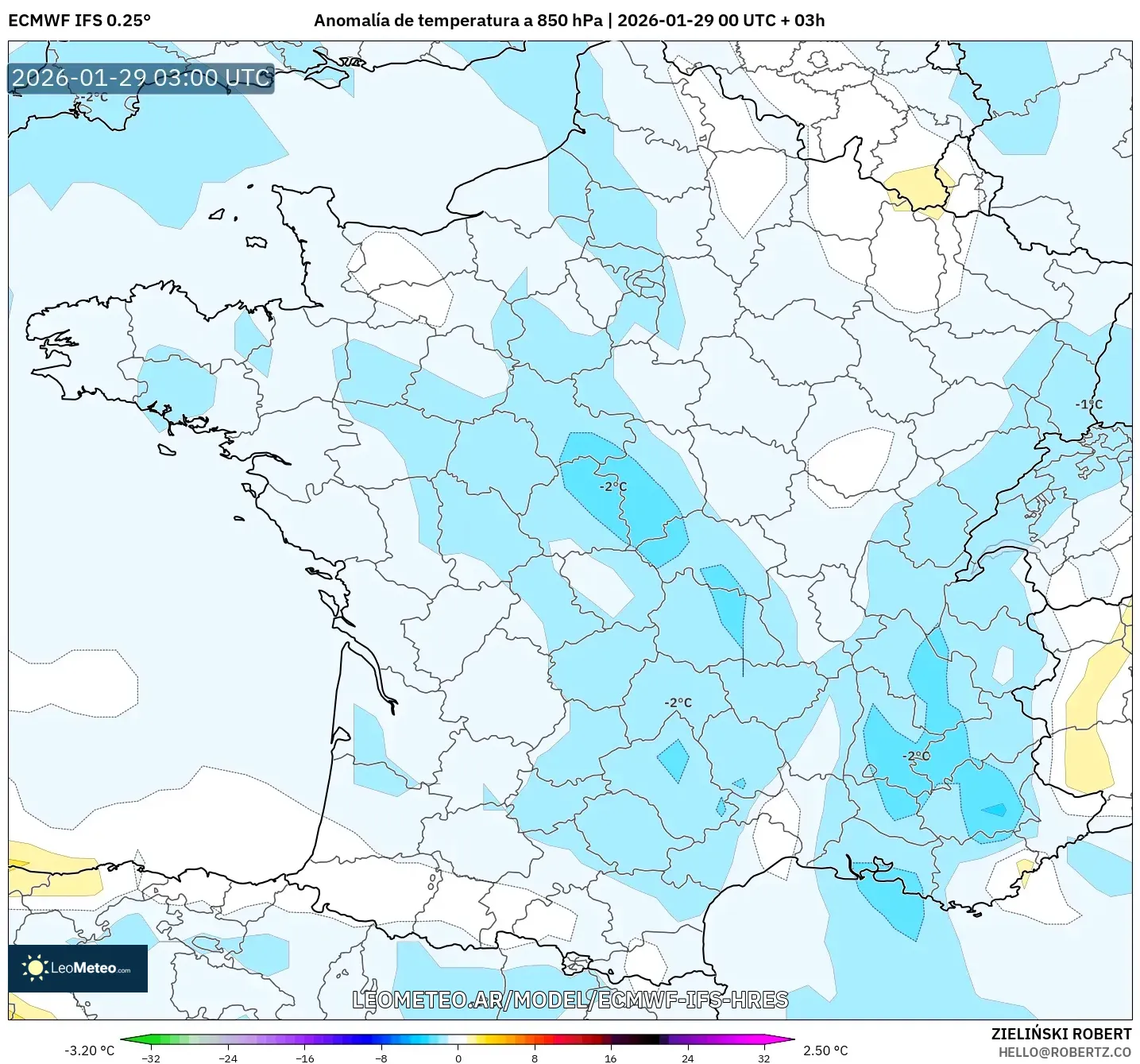 ECMWF IFS 0,25° model - França, Anomalia de temperatura a 850 hPa