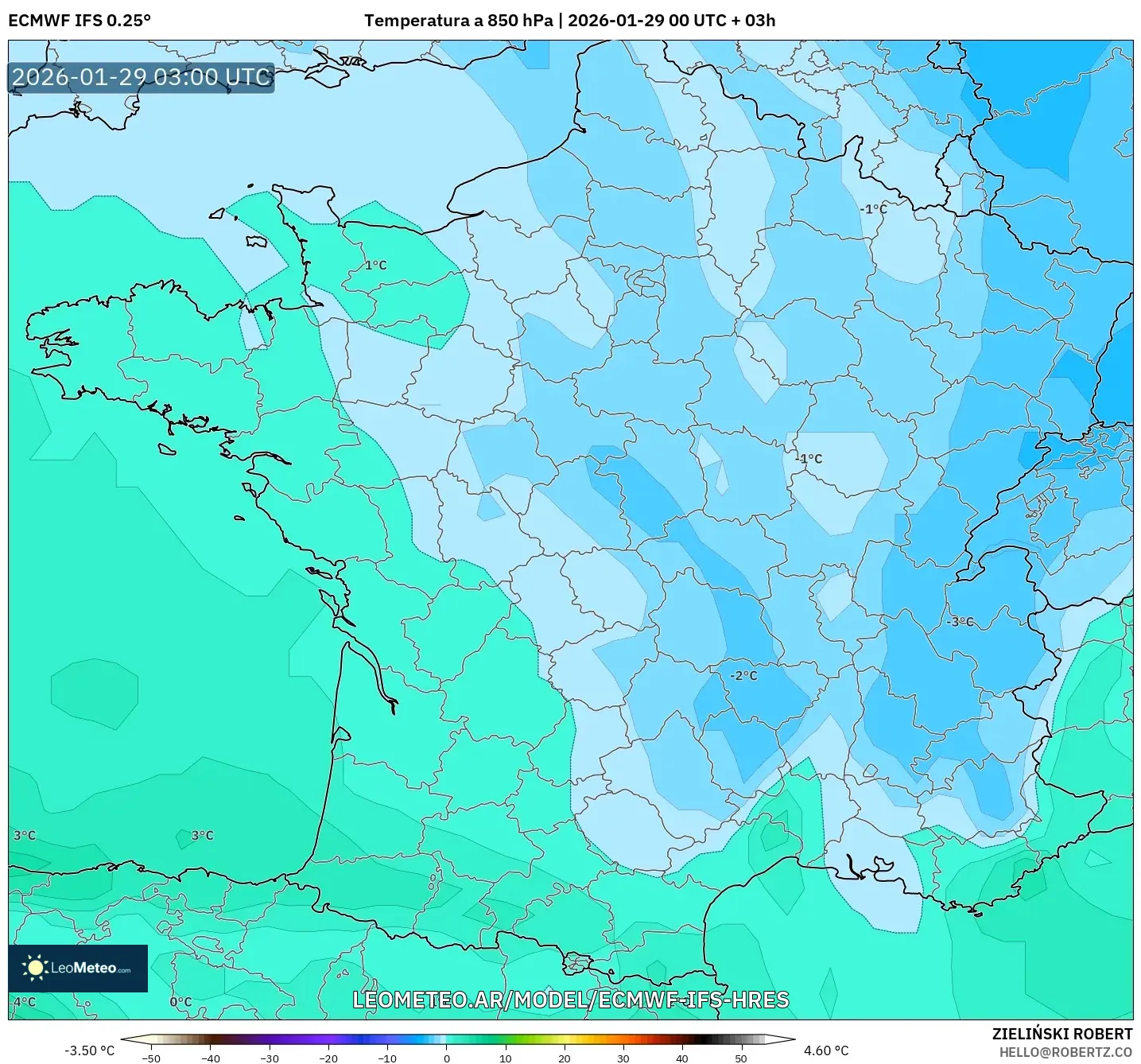 ECMWF IFS 0,25° model - França, Temperatura a 850 hPa