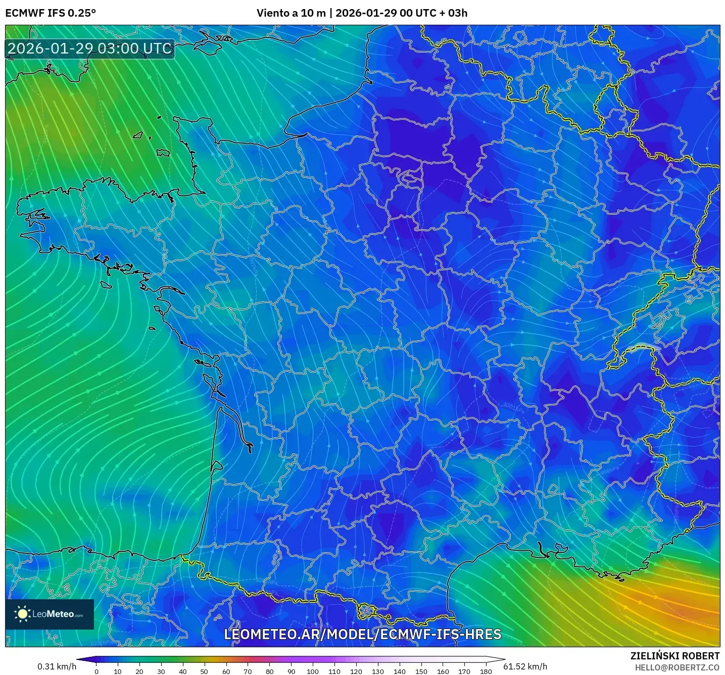 ECMWF IFS 0,25° model - França, Vento a 10 m