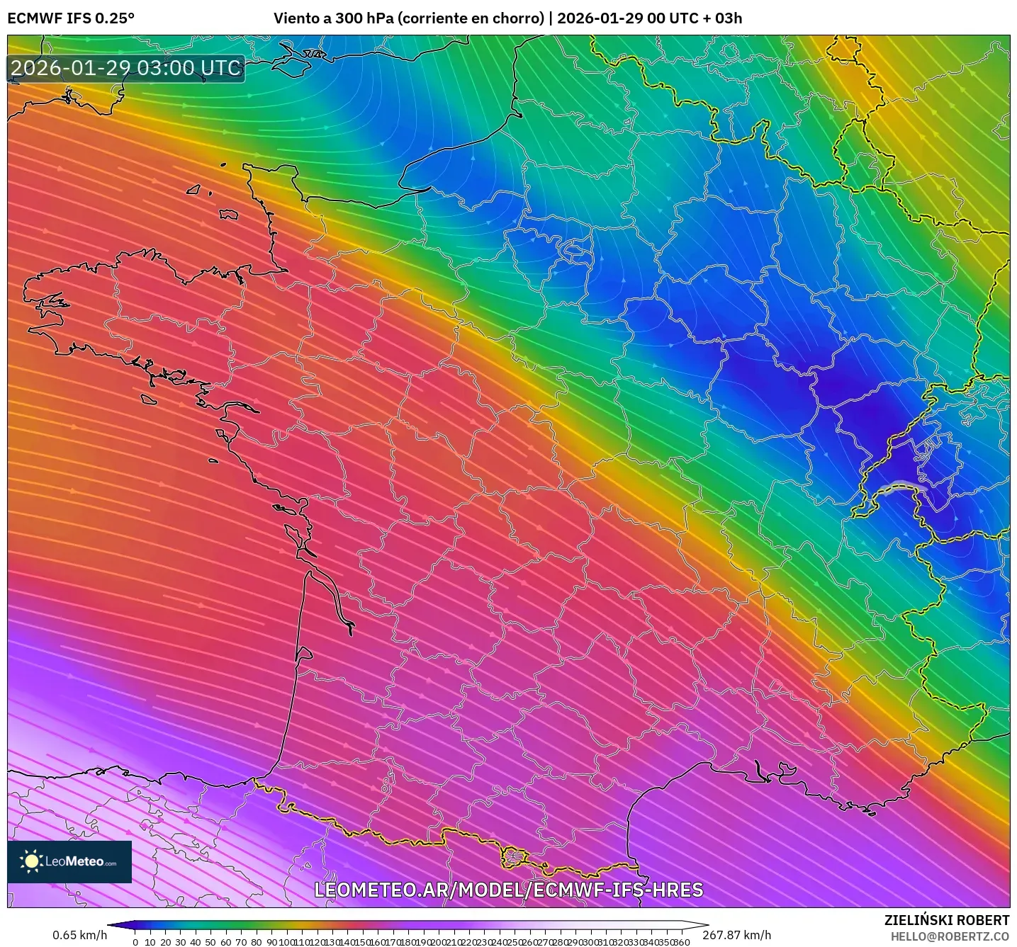 ECMWF IFS 0,25° model - França, Vento a 300 hPa (corrente em jato)