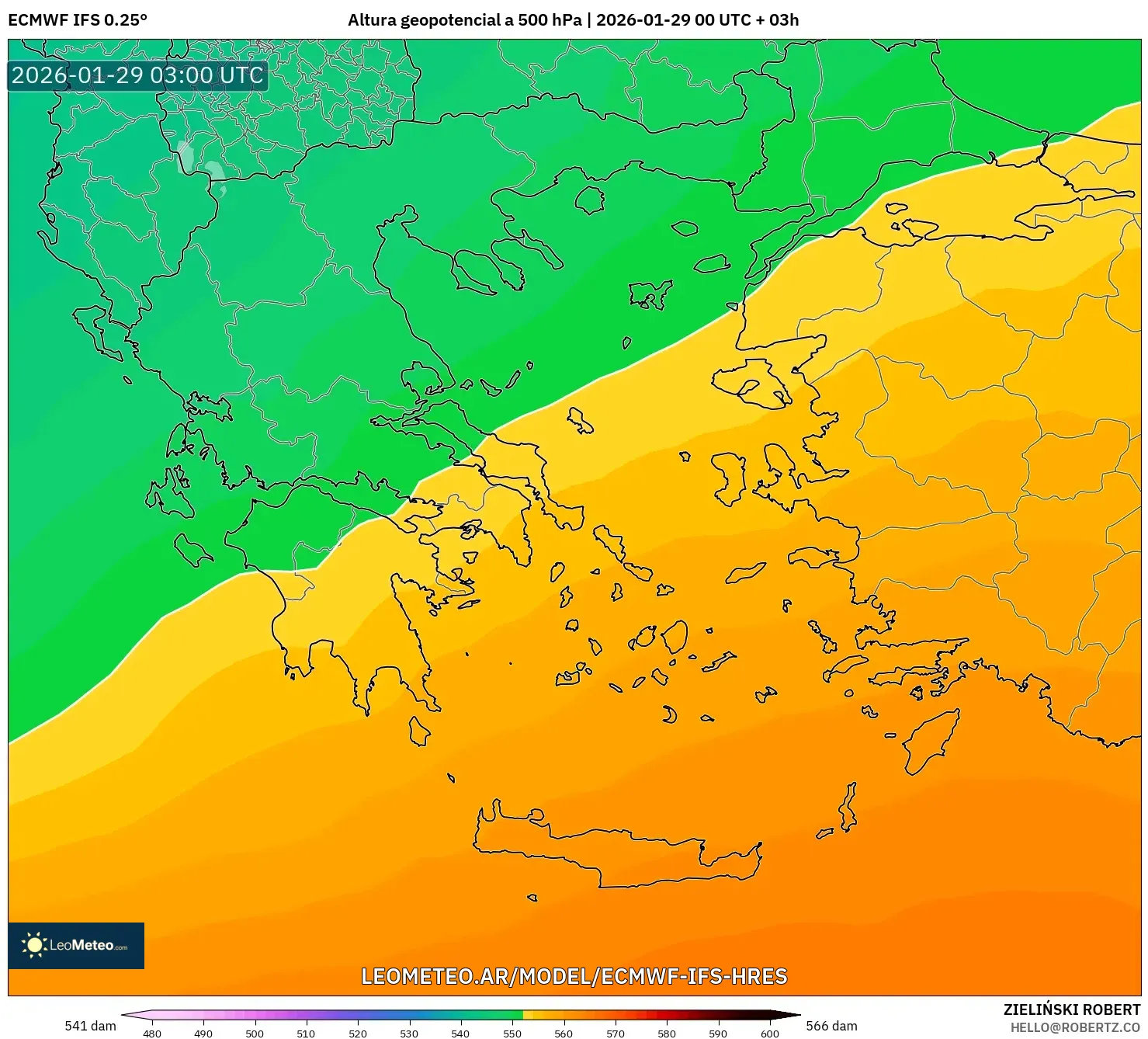 ECMWF IFS 0,25° model - Grécia, Altura geopotencial a 500 hPa