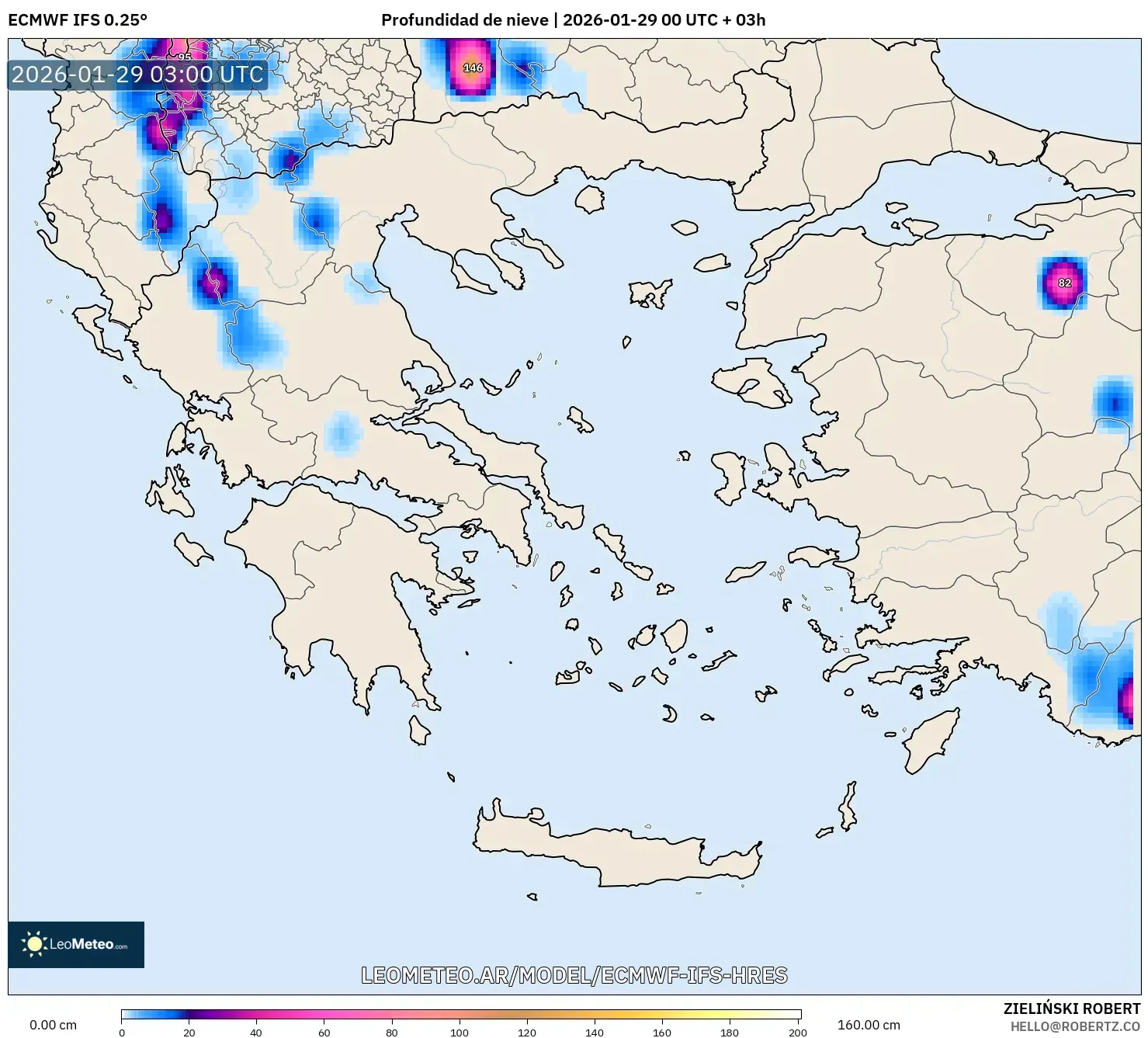 ECMWF IFS 0,25° model - Grécia, Profundidade da neve