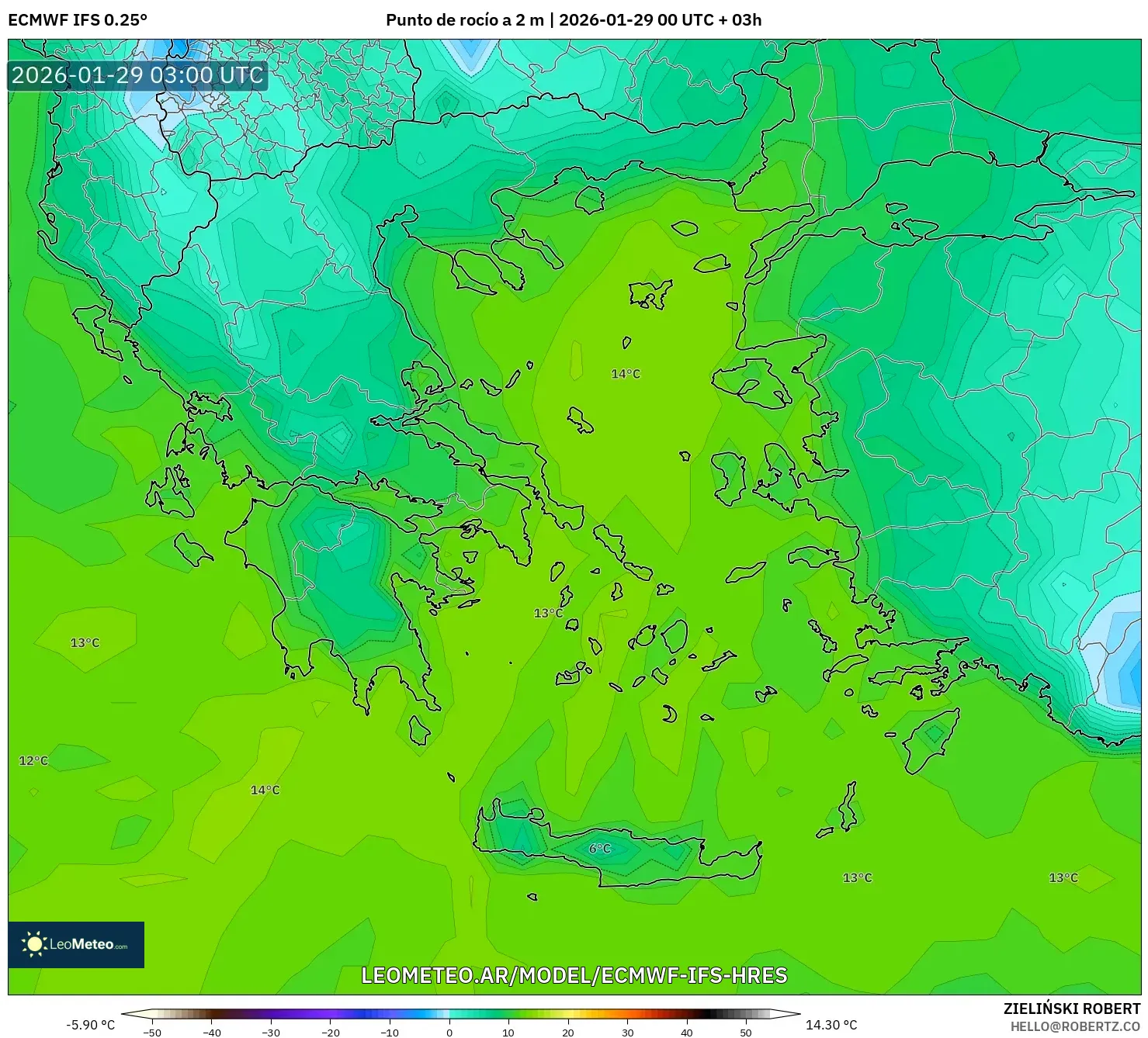 ECMWF IFS 0,25° model - Grécia, Ponto de orvalho a 2 m
