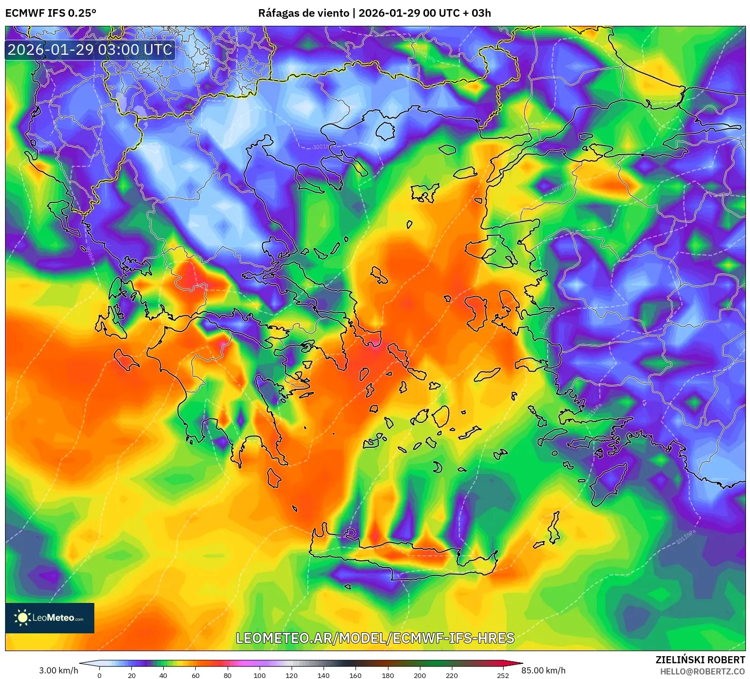 ECMWF IFS 0,25° model - Grécia, Rajadas de vento
