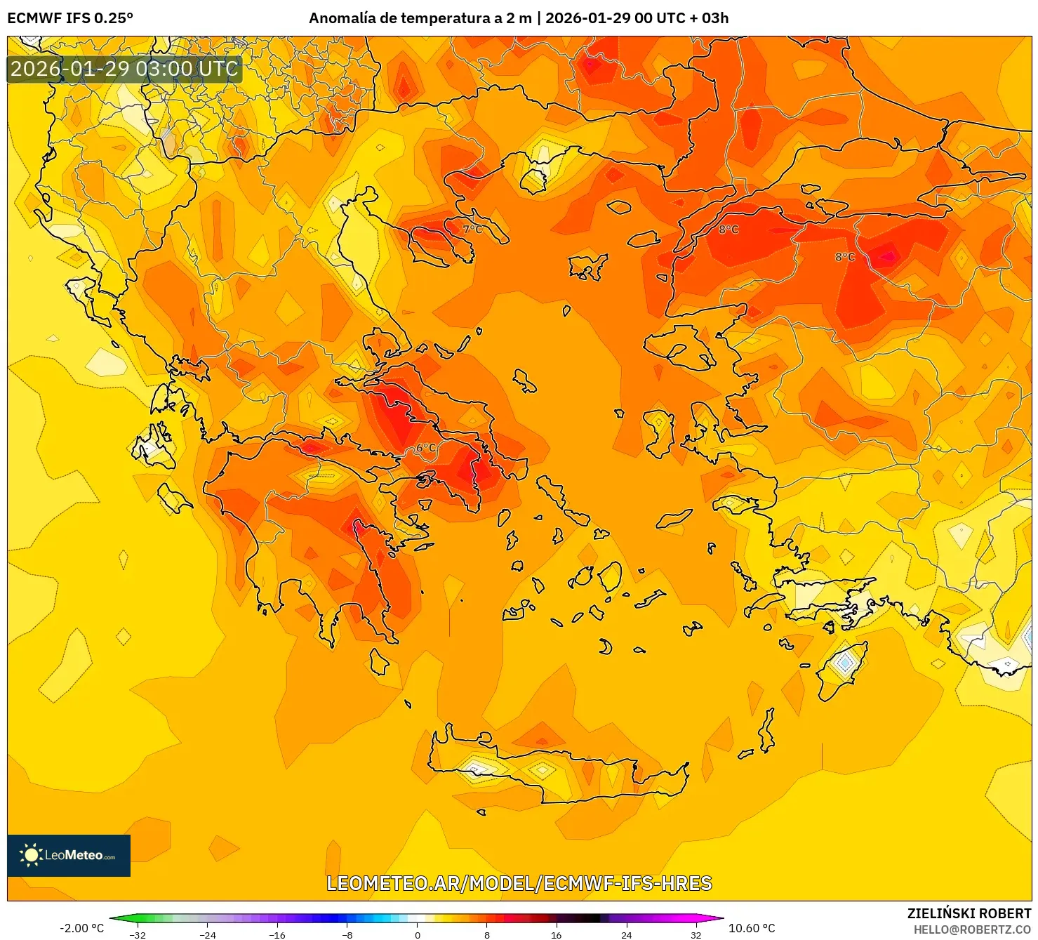 ECMWF IFS 0,25° model - Grécia, Anomalia de temperatura a 2 m