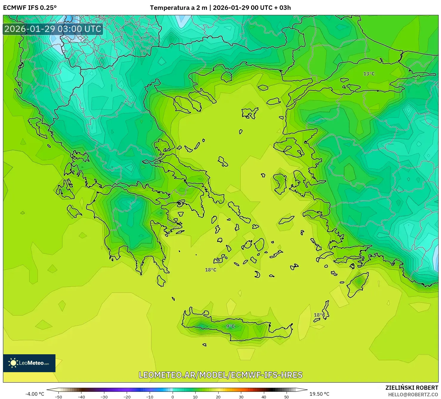 ECMWF IFS 0,25° model - Grécia, Temperatura a 2 m