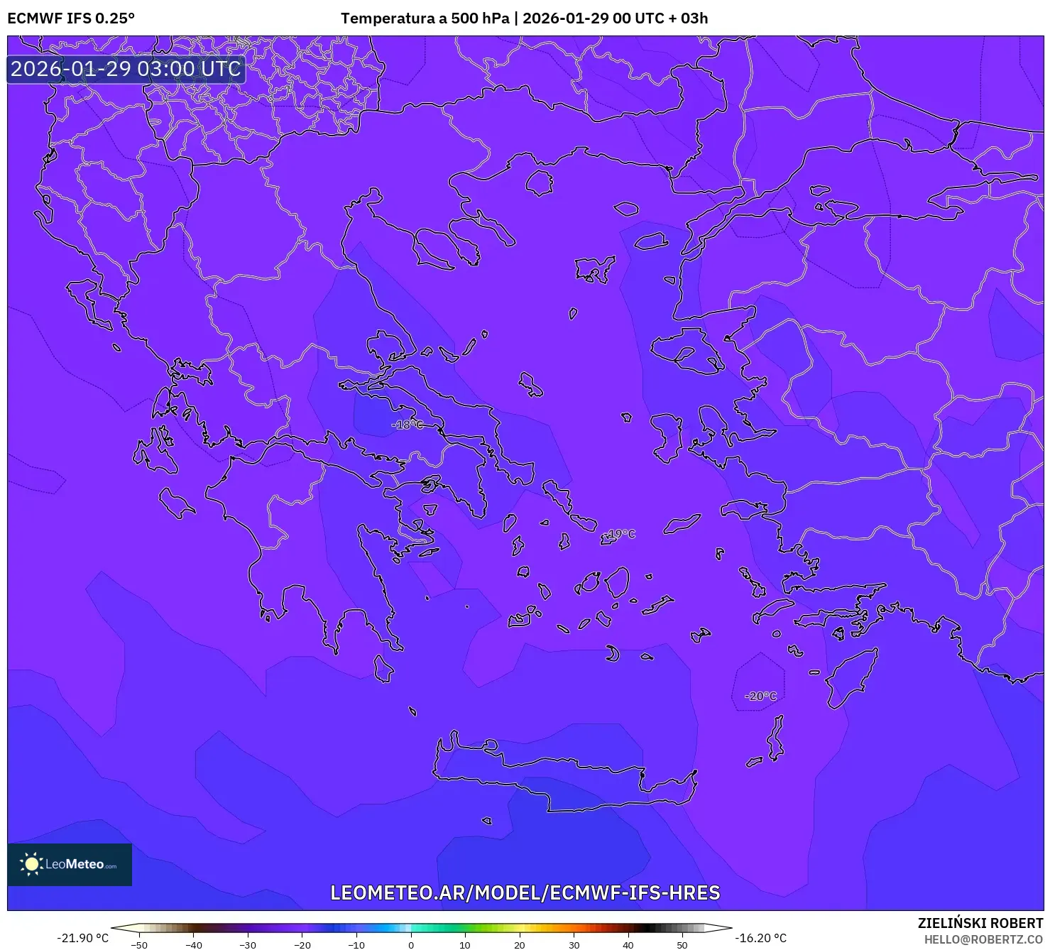 ECMWF IFS 0,25° model - Grécia, Temperatura a 500 hPa
