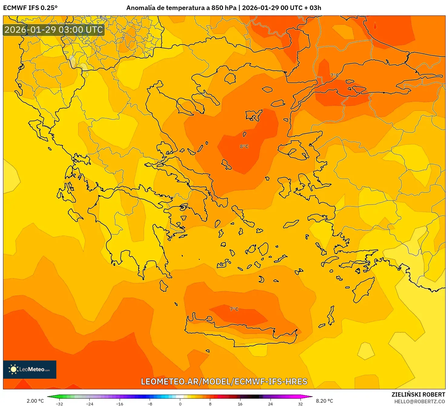 ECMWF IFS 0,25° model - Grécia, Anomalia de temperatura a 850 hPa