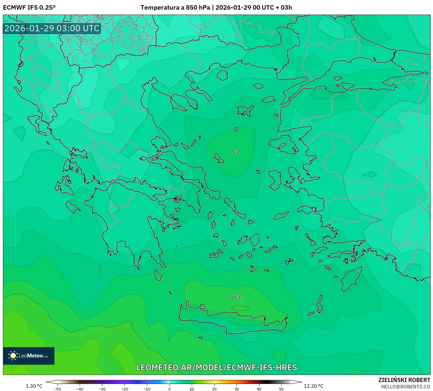 ECMWF IFS 0,25° model - Grécia, Temperatura a 850 hPa