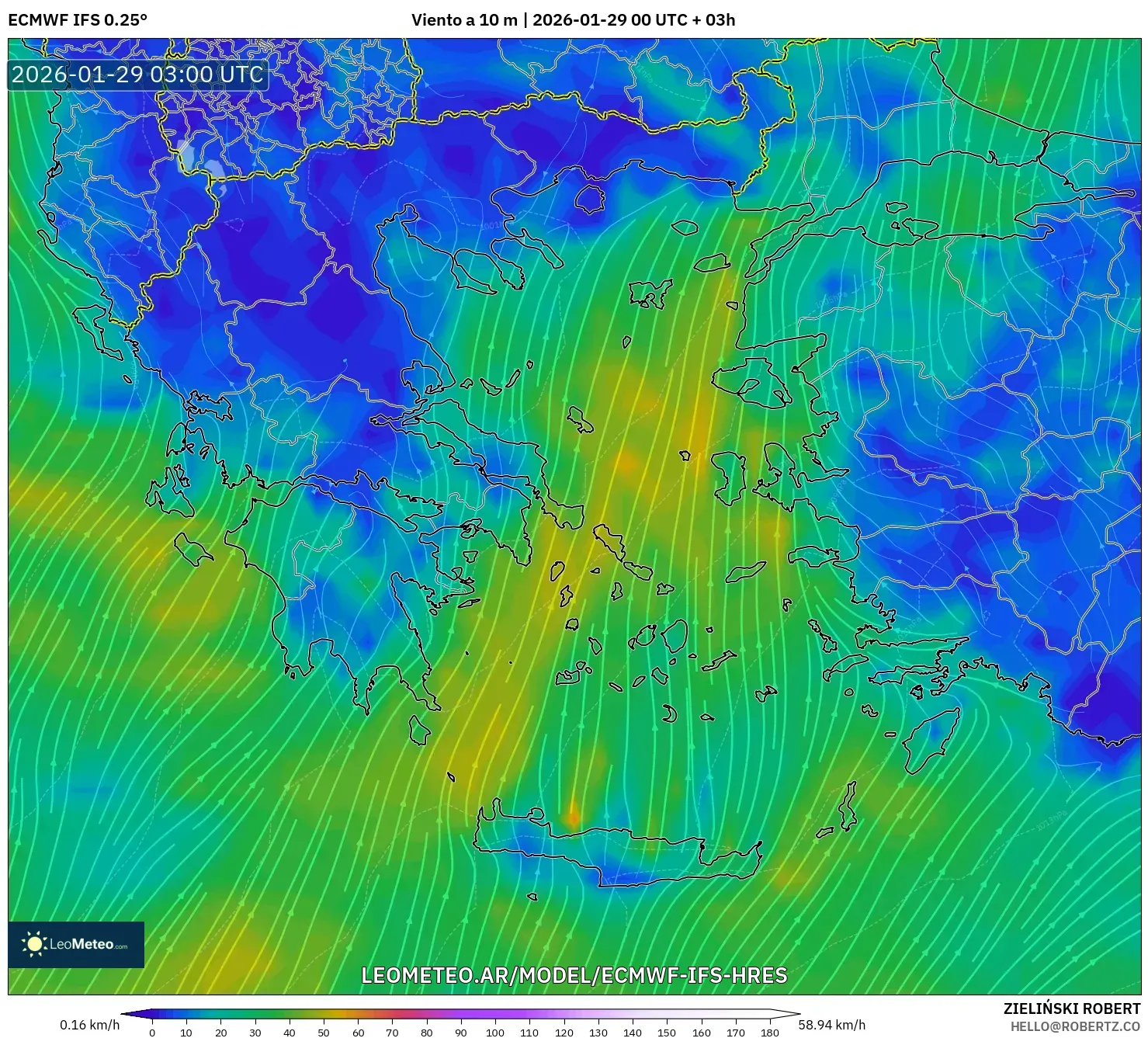 ECMWF IFS 0,25° model - Grécia, Vento a 10 m