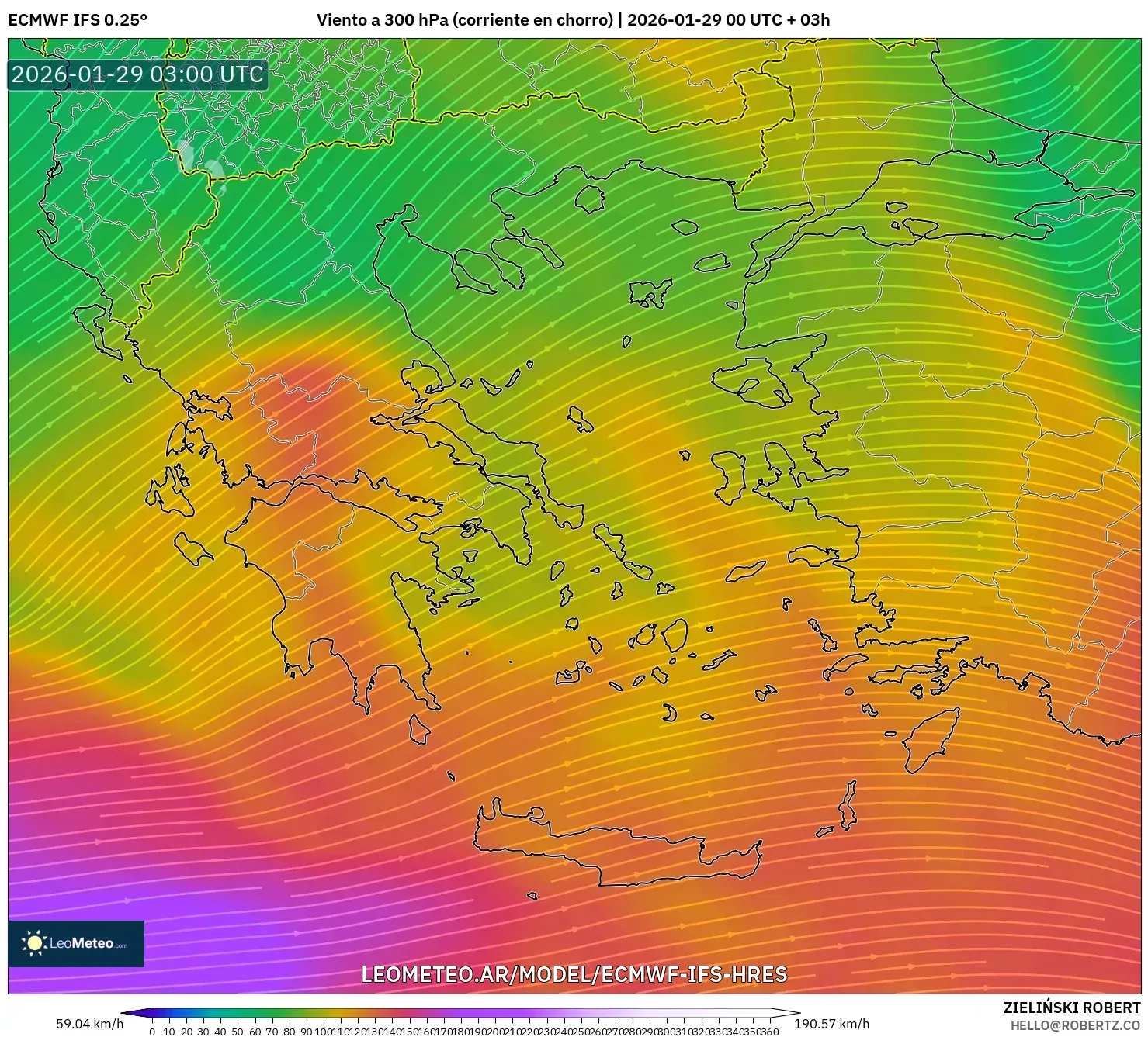 ECMWF IFS 0,25° model - Grécia, Vento a 300 hPa (corrente em jato)