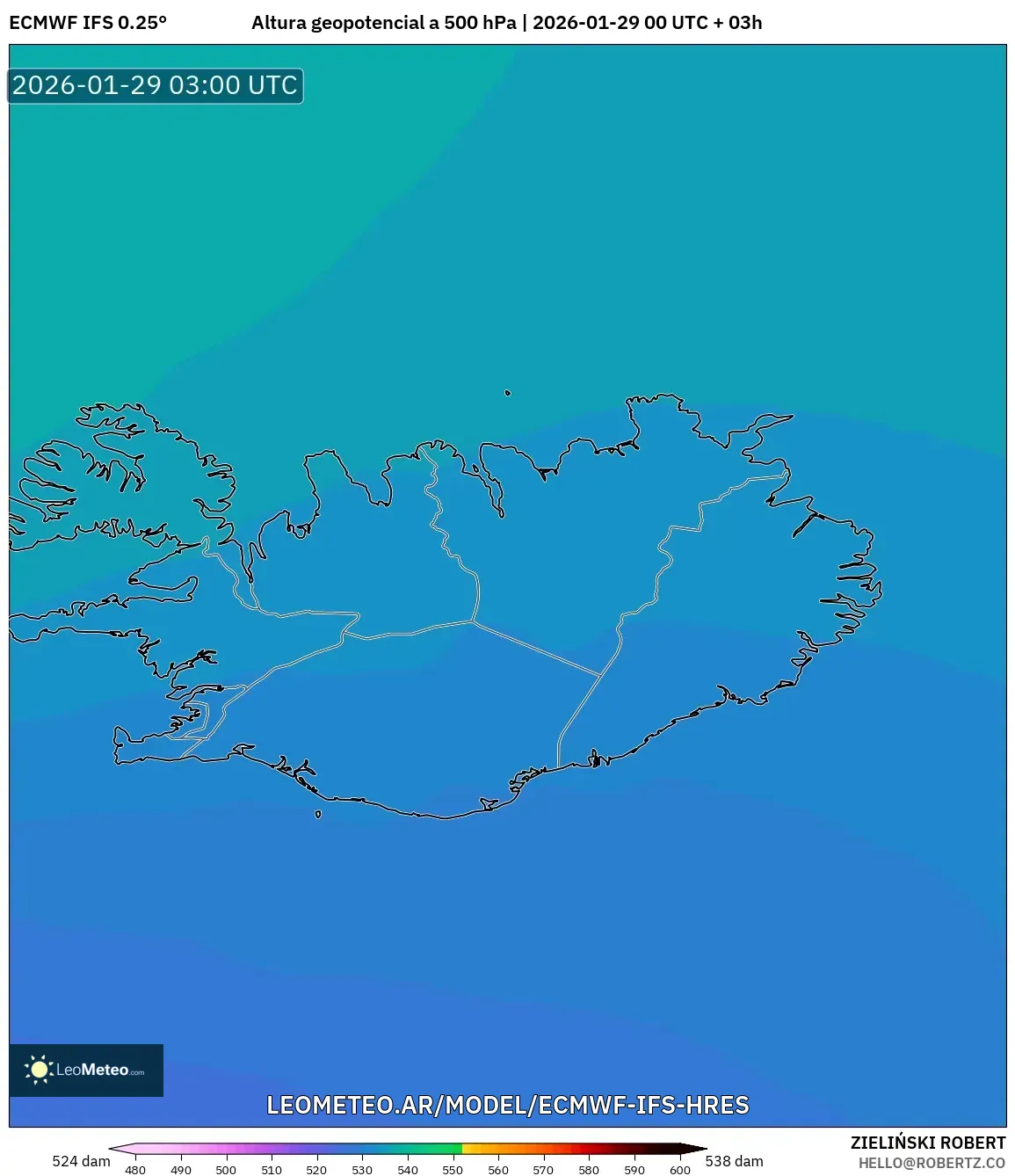 ECMWF IFS 0,25° model - Islândia, Altura geopotencial a 500 hPa