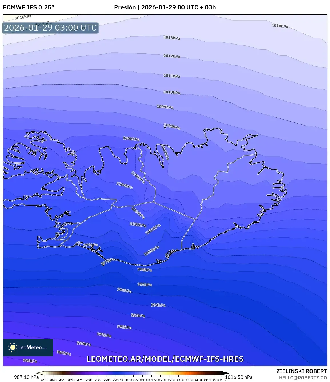 ECMWF IFS 0,25° model - Islândia, Pressão