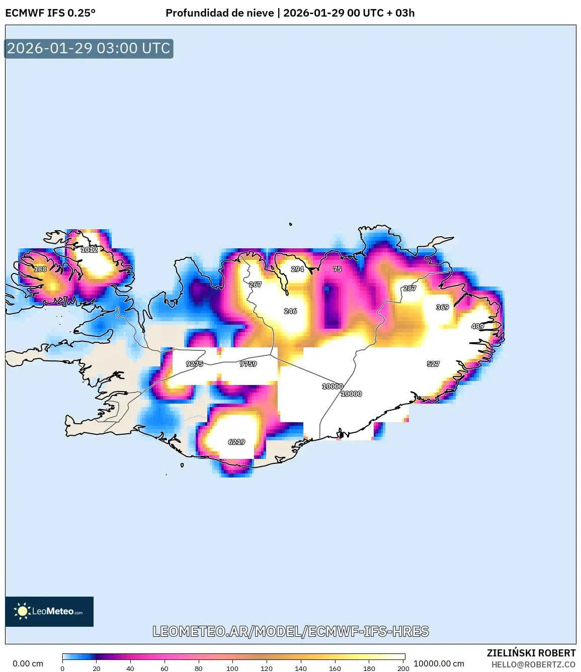 ECMWF IFS 0,25° model - Islândia, Profundidade da neve