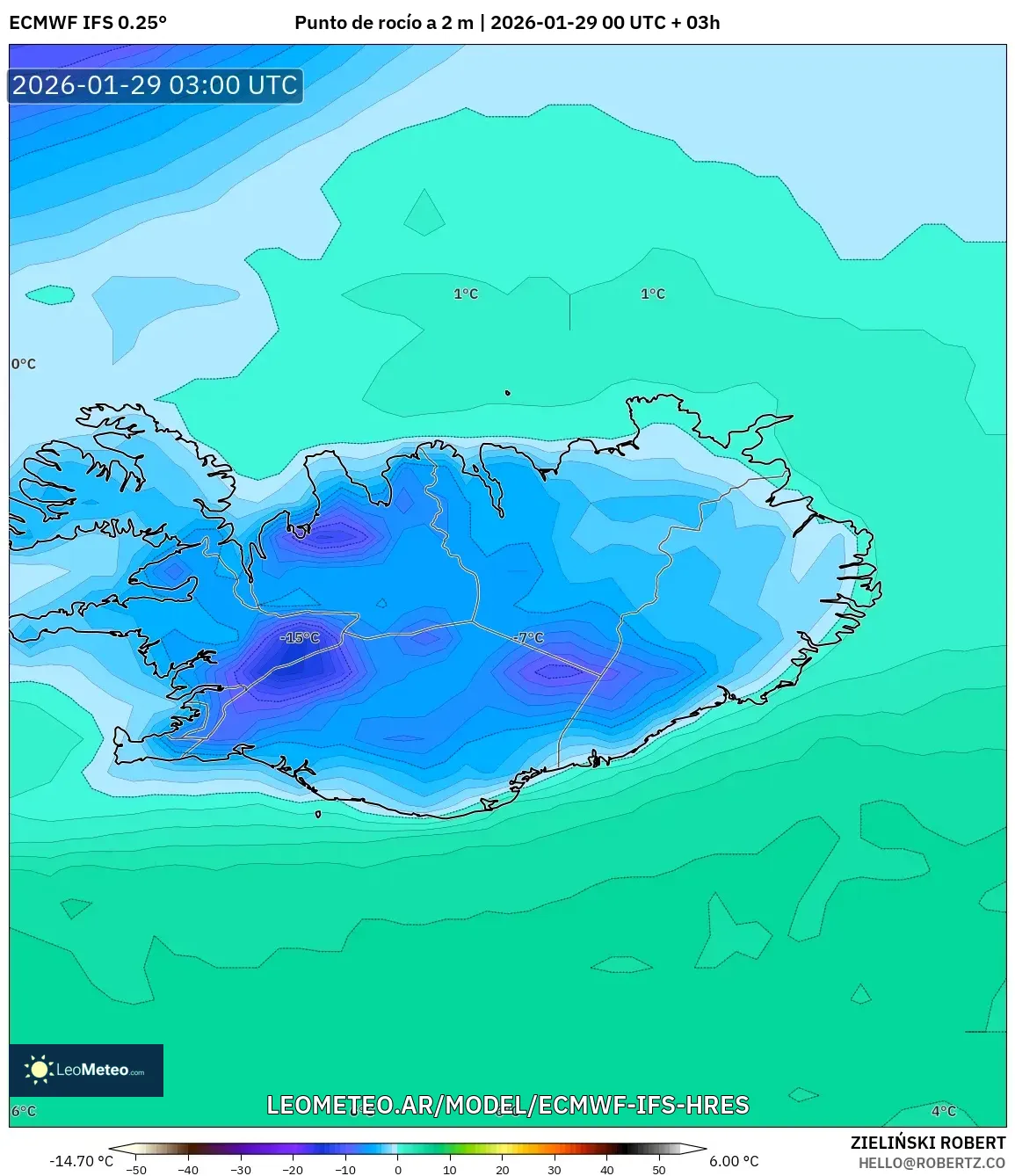 ECMWF IFS 0,25° model - Islândia, Ponto de orvalho a 2 m