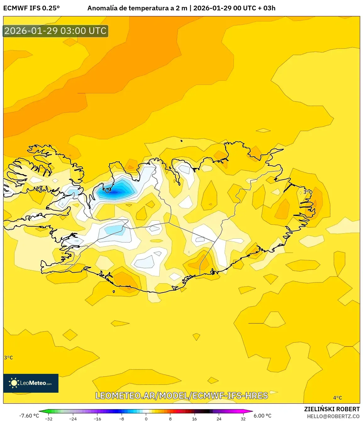 ECMWF IFS 0,25° model - Islândia, Anomalia de temperatura a 2 m