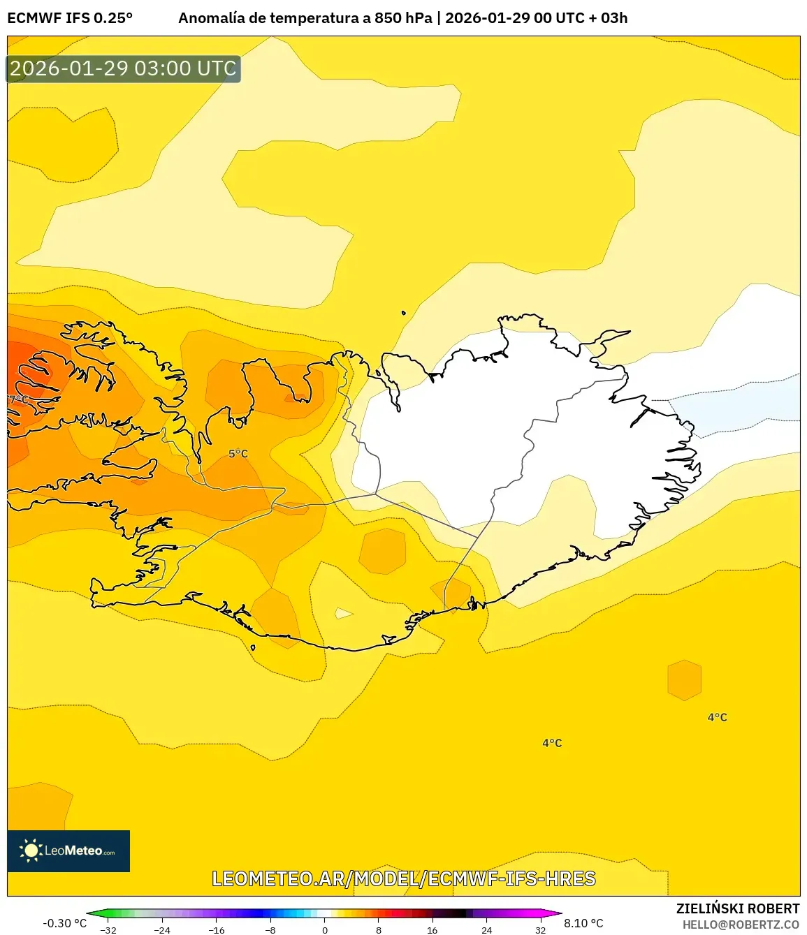 ECMWF IFS 0,25° model - Islândia, Anomalia de temperatura a 850 hPa