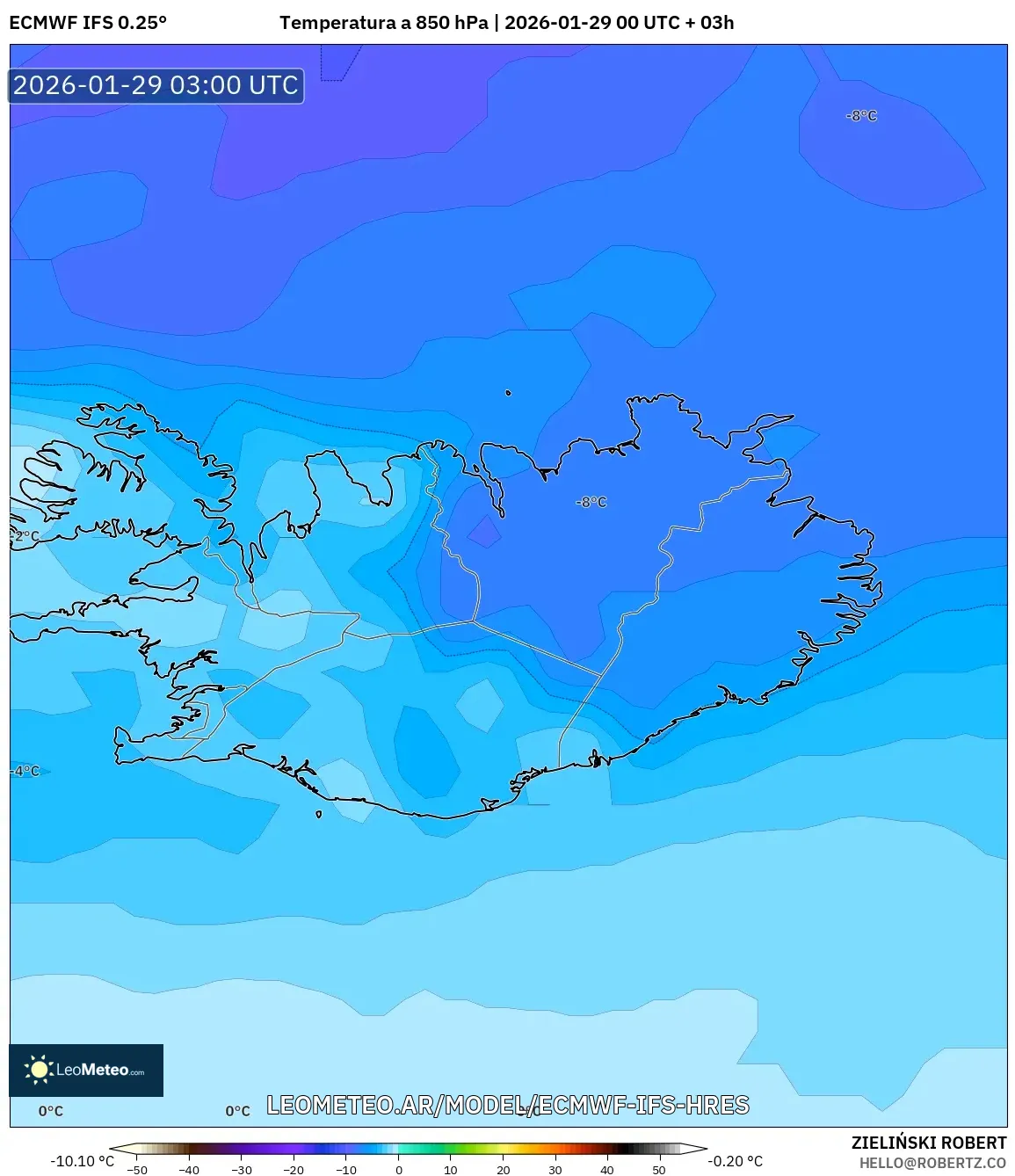 ECMWF IFS 0,25° model - Islândia, Temperatura a 850 hPa