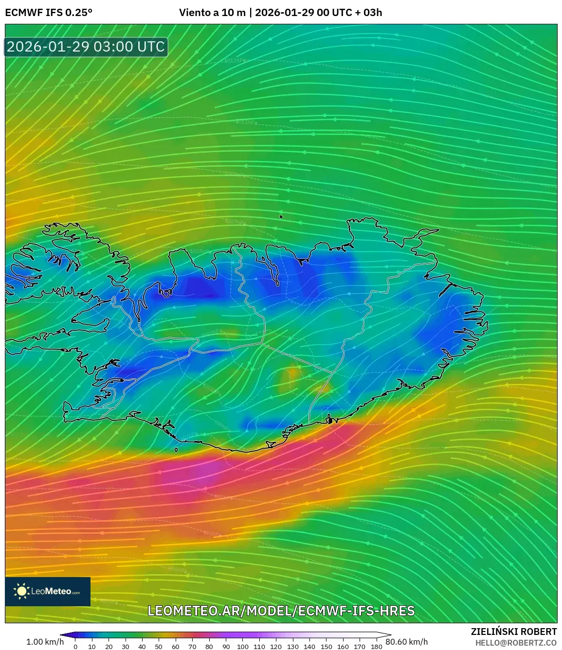 ECMWF IFS 0,25° model - Islândia, Vento a 10 m