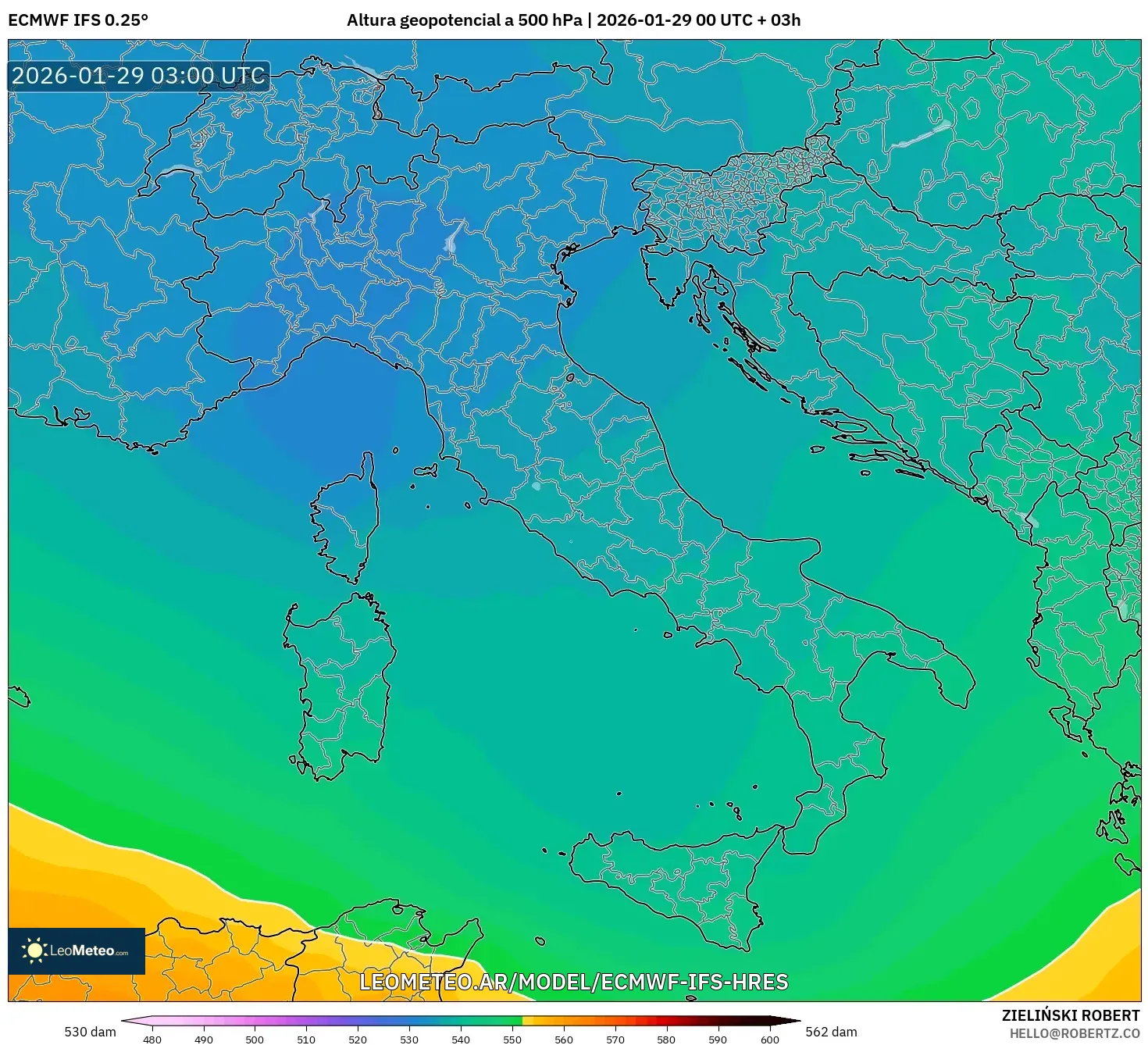 ECMWF IFS 0,25° model - Itália, Altura geopotencial a 500 hPa