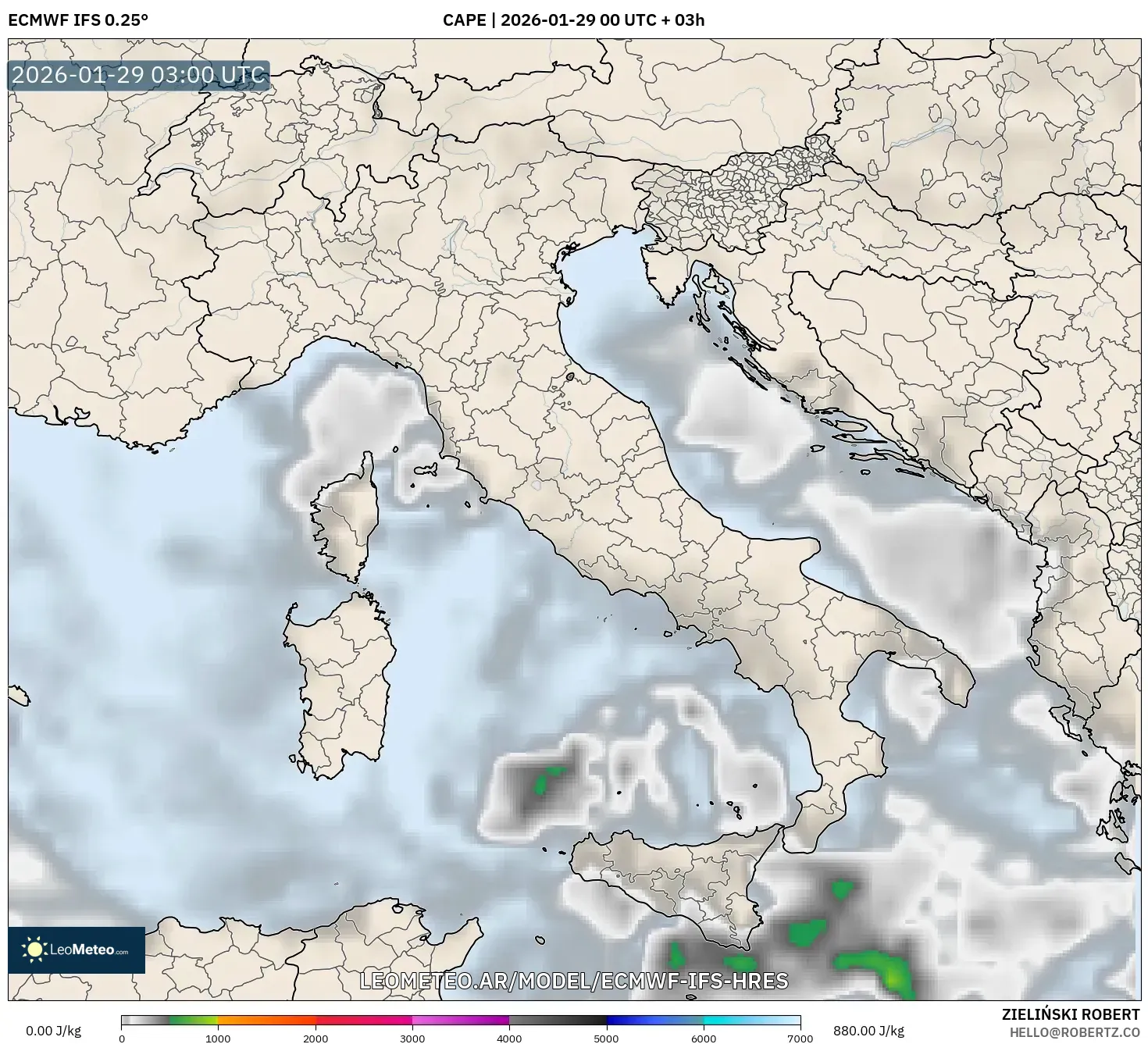 ECMWF IFS 0,25° model - Itália, CAPE