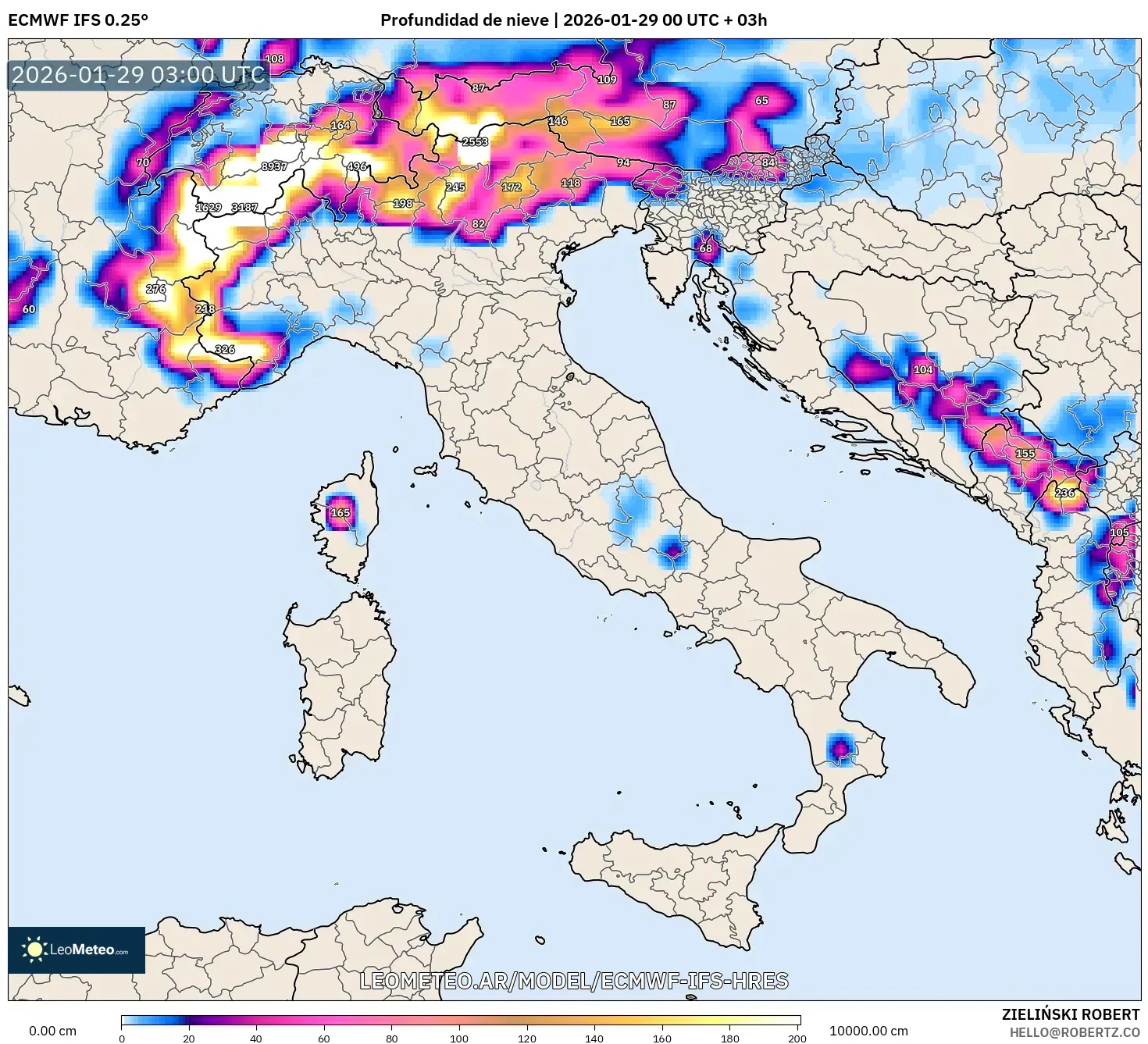 ECMWF IFS 0,25° model - Itália, Profundidade da neve