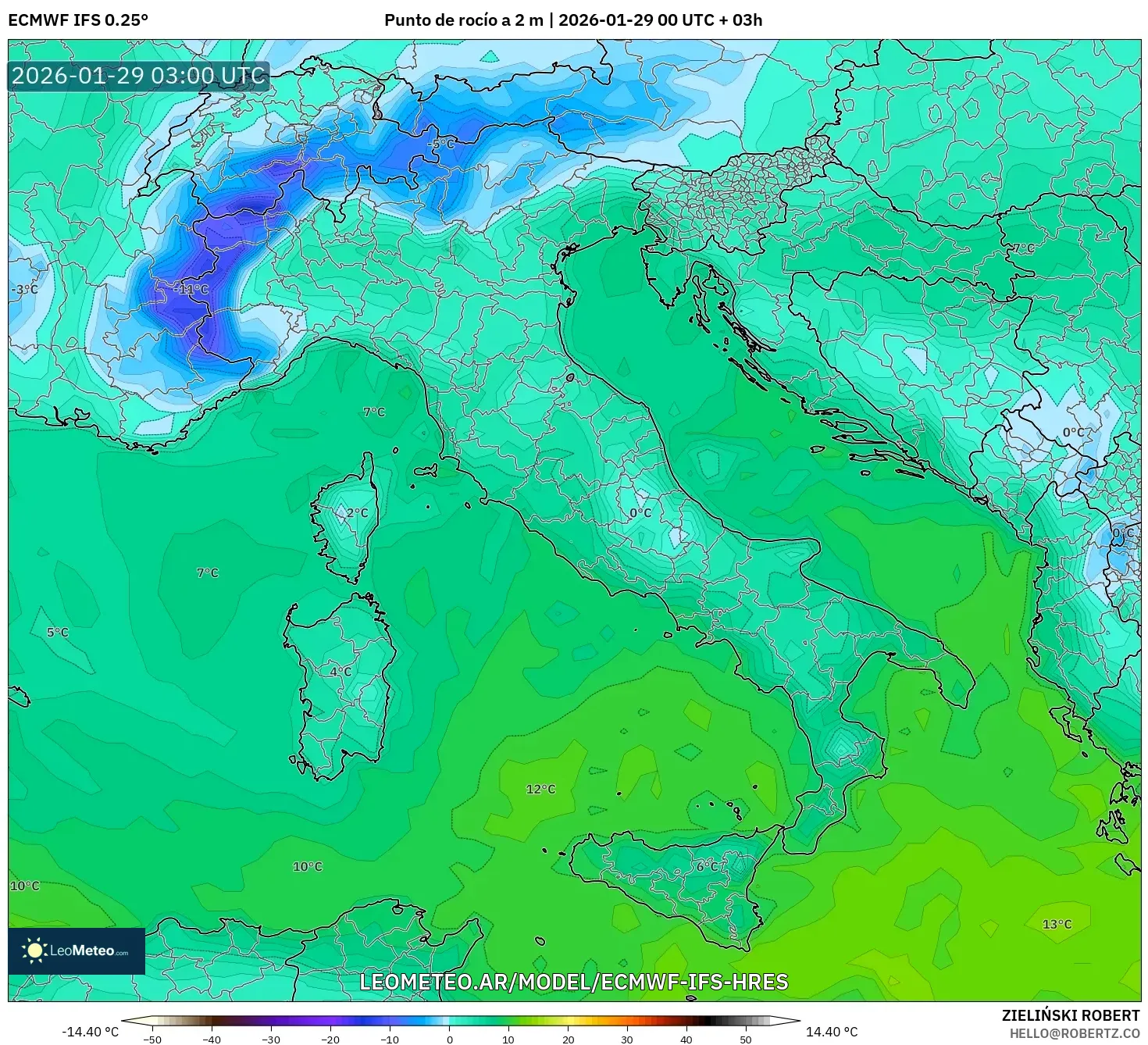 ECMWF IFS 0,25° model - Itália, Ponto de orvalho a 2 m